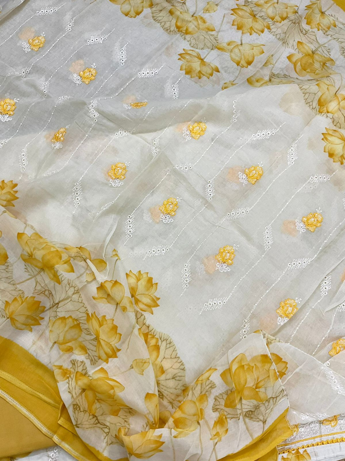 Pure Cotton Printed Embroidered Suit - Off White