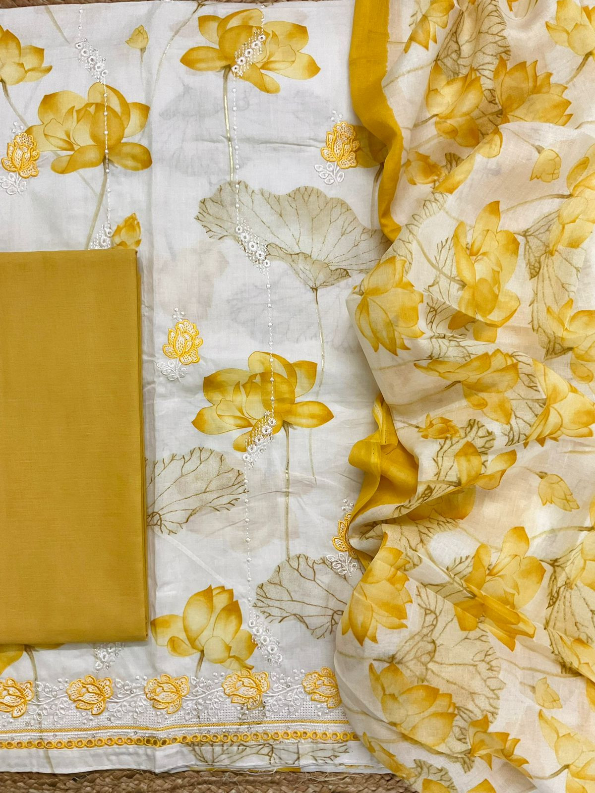 Pure Cotton Printed Embroidered Suit - Off White