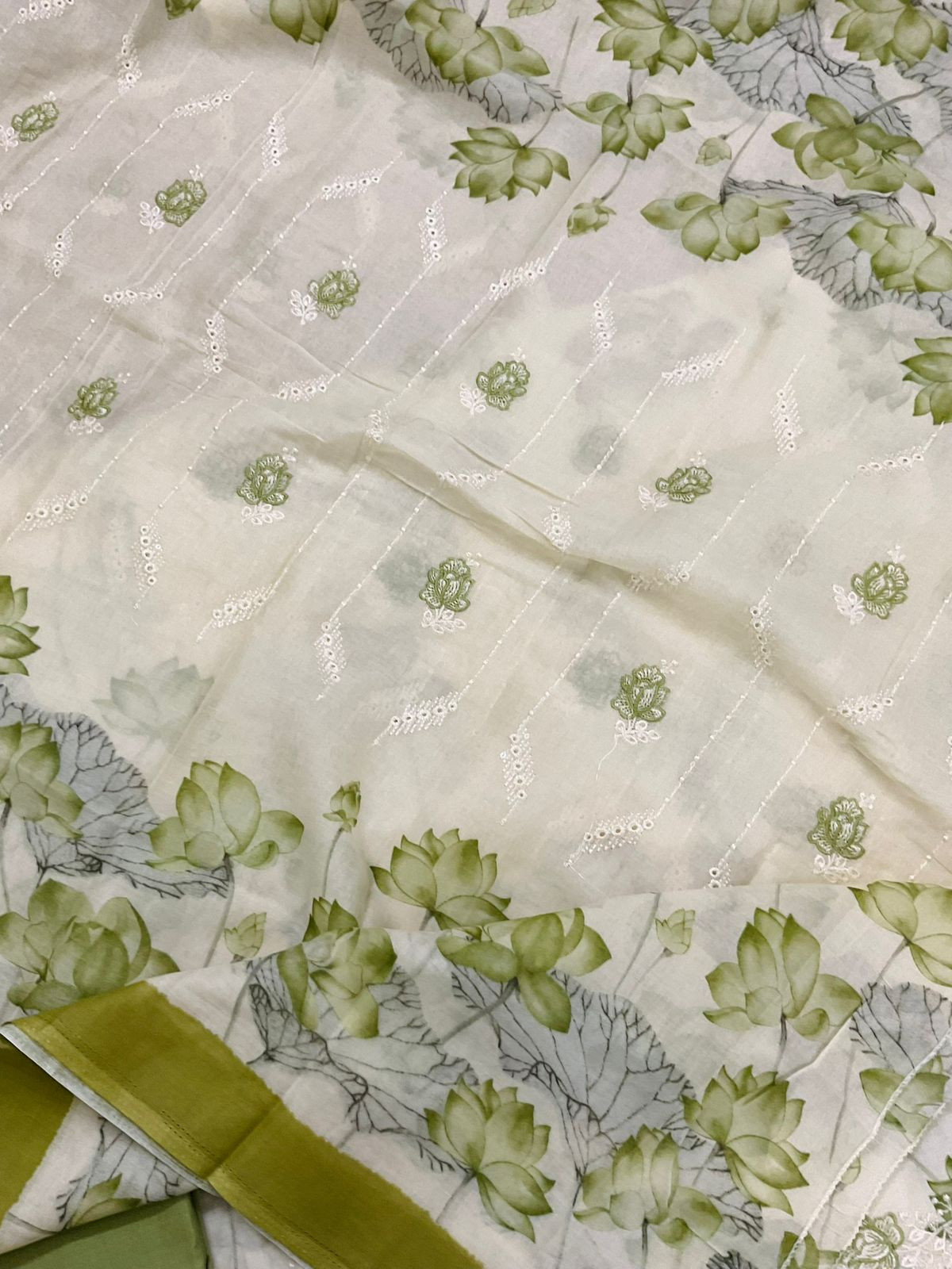 Pure Cotton Printed Embroidered Suit - Off White