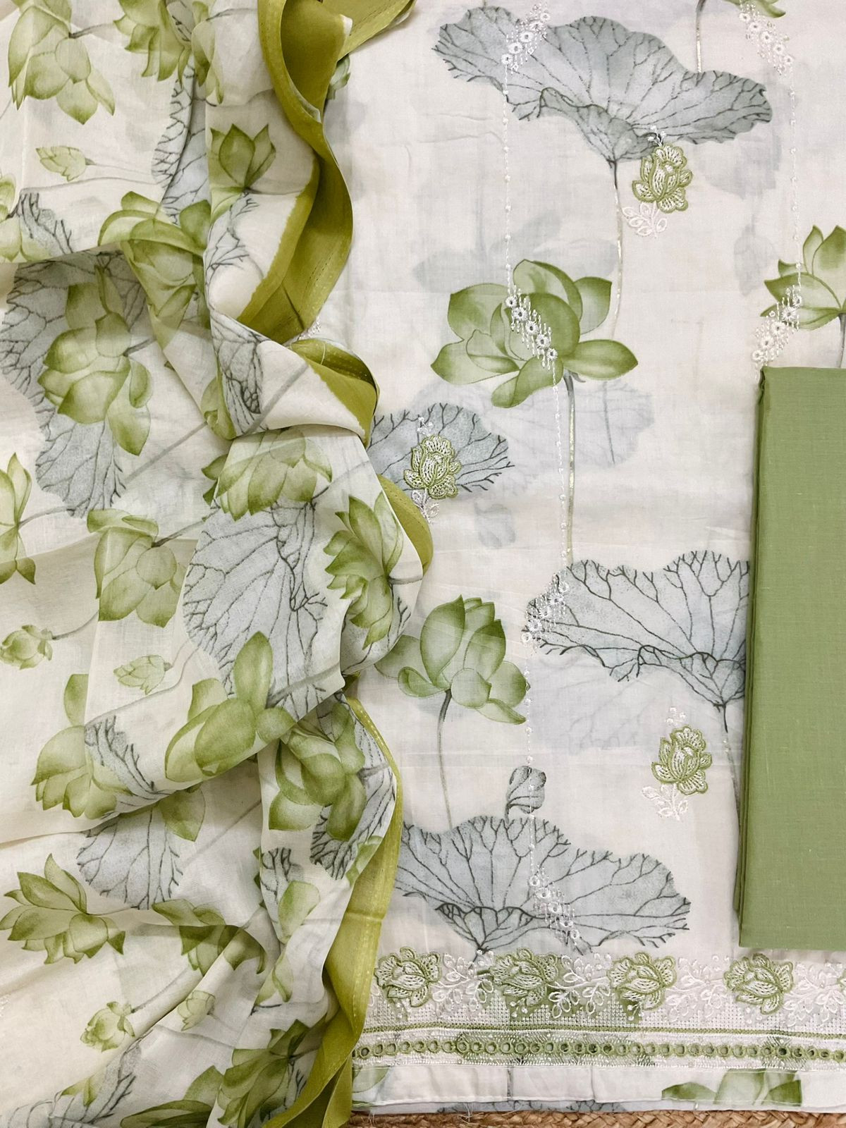 Pure Cotton Printed Embroidered Suit - Off White