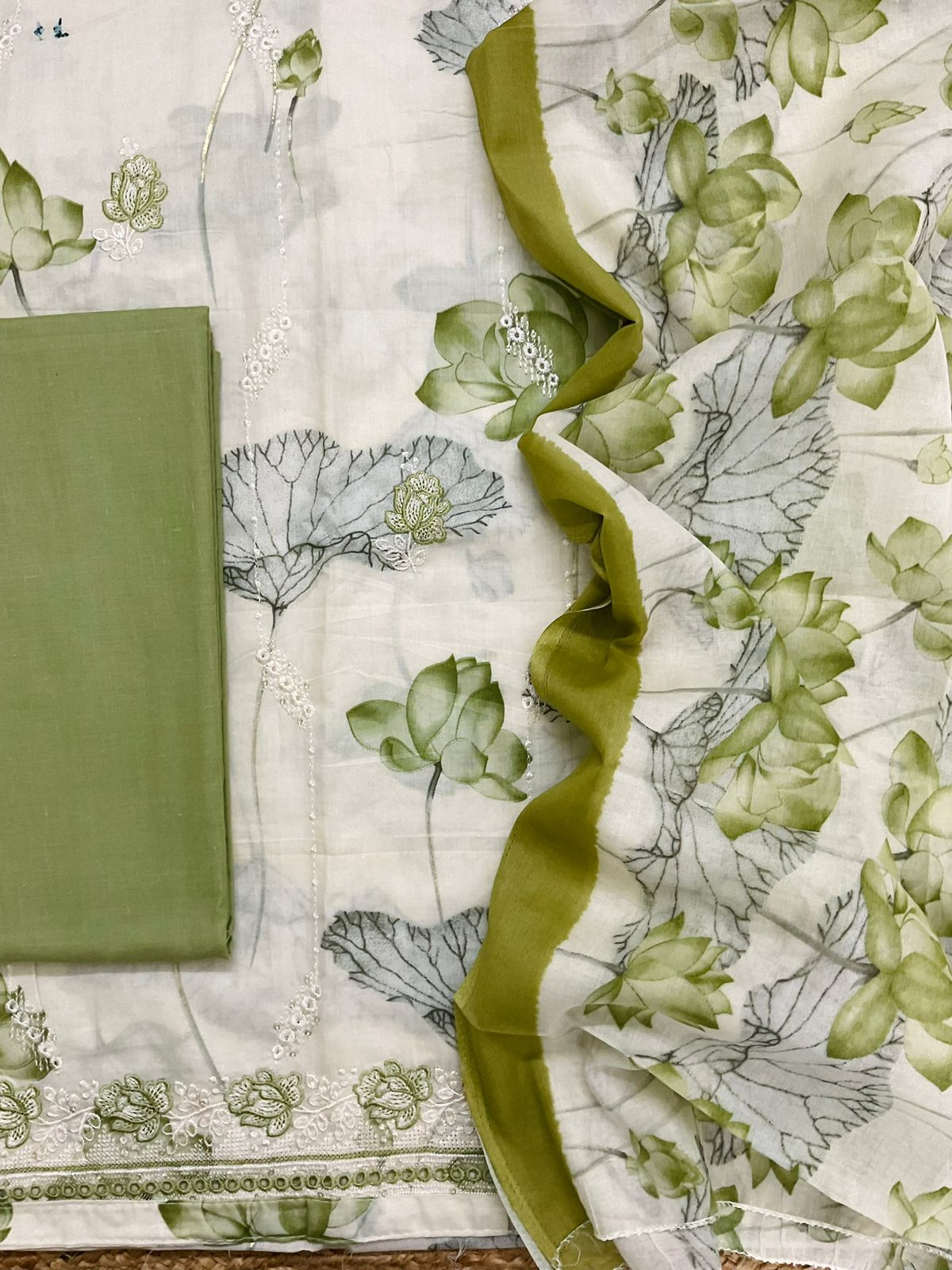 Pure Cotton Printed Embroidered Suit - Off White