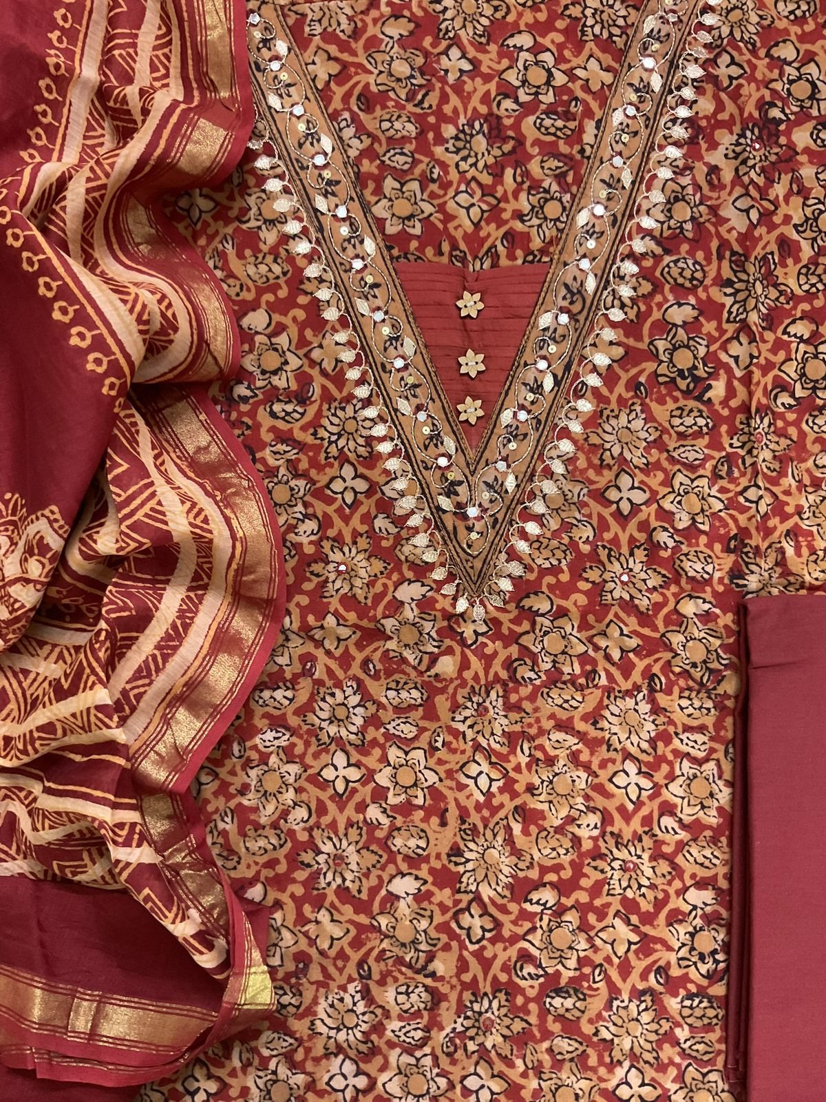 Pure Cotton Printed Embroidered Suit - Red