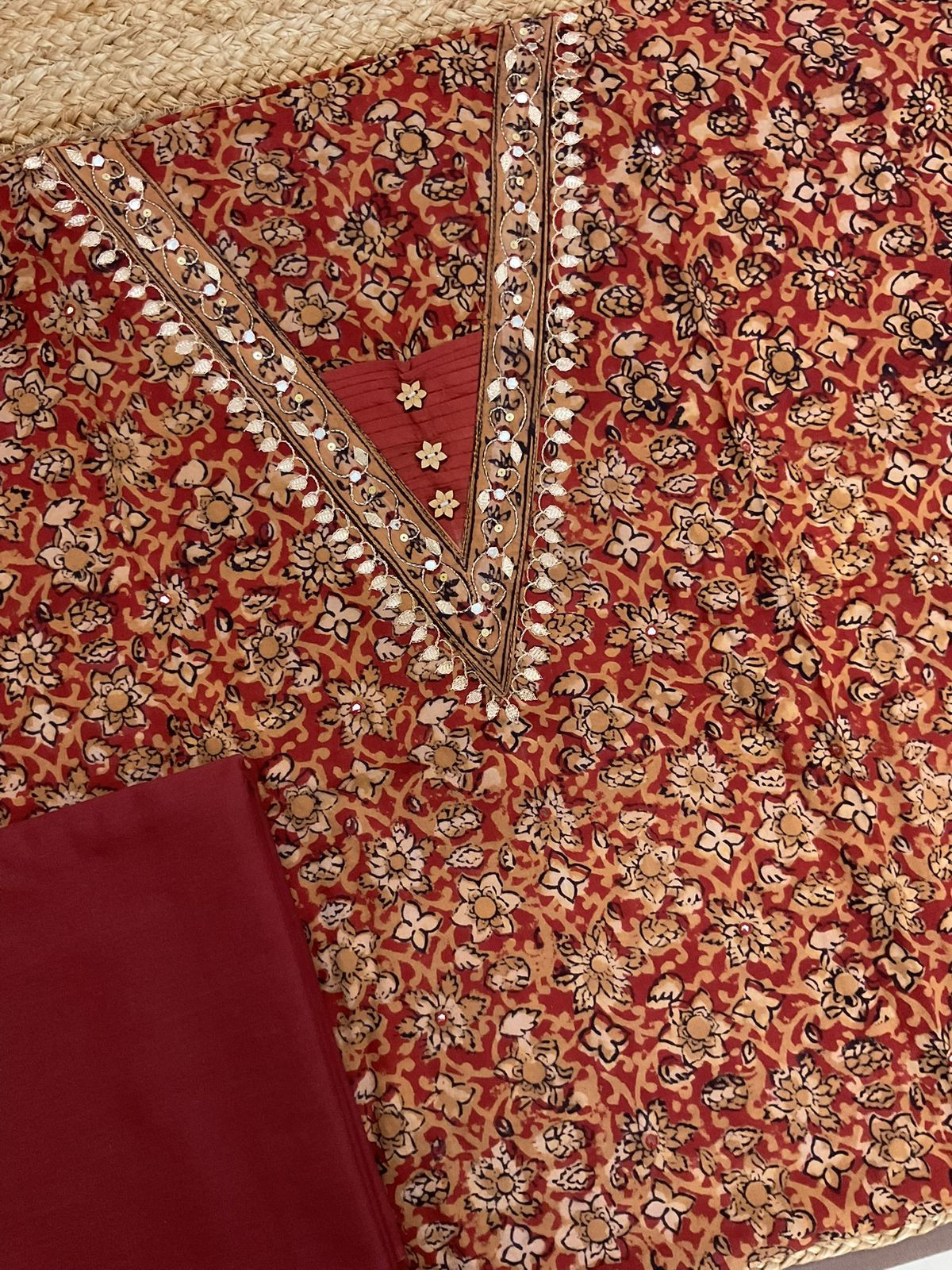 Pure Cotton Printed Embroidered Suit - Red