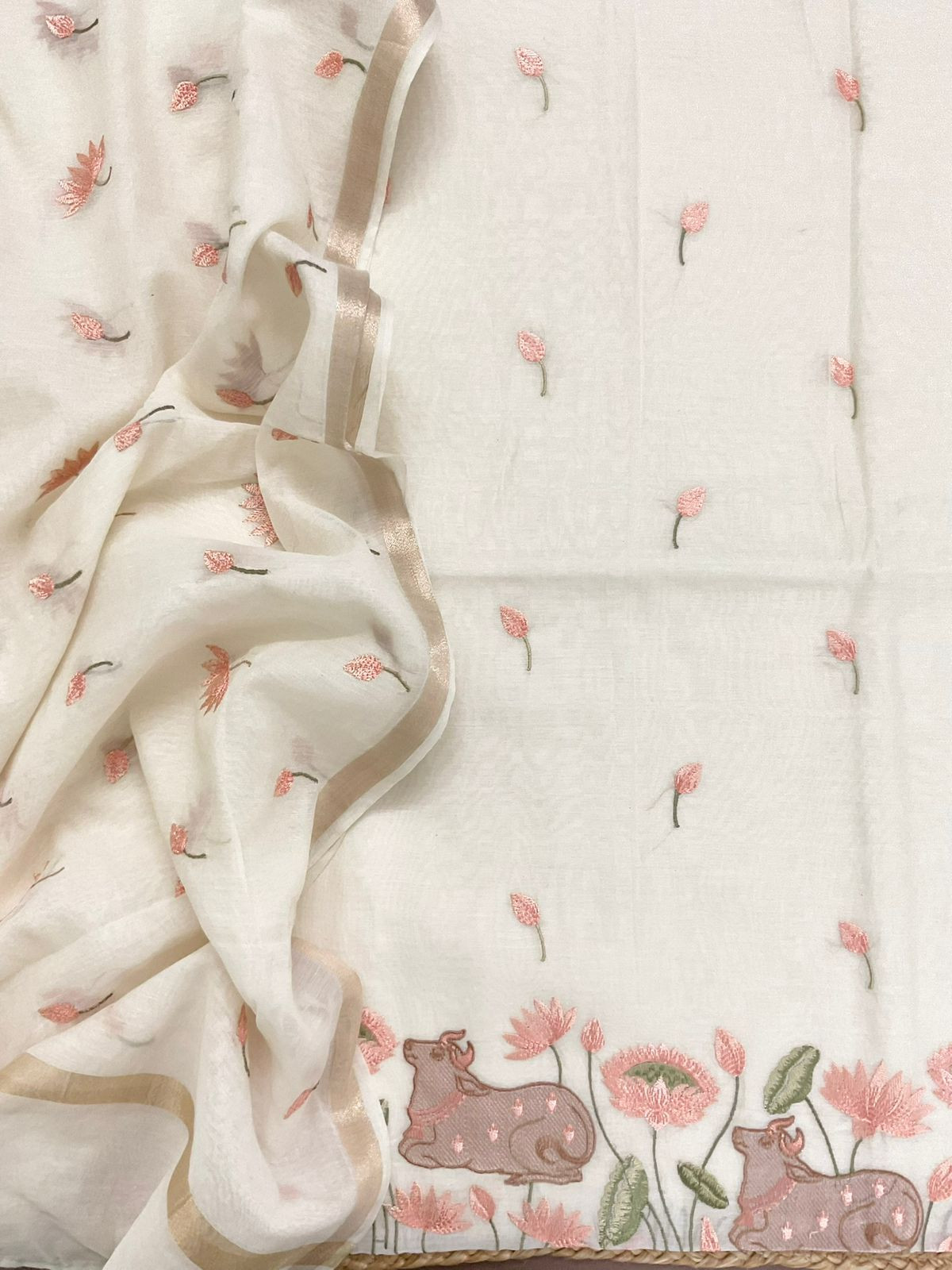 Pure Chanderi Embroidered Suit - Off White