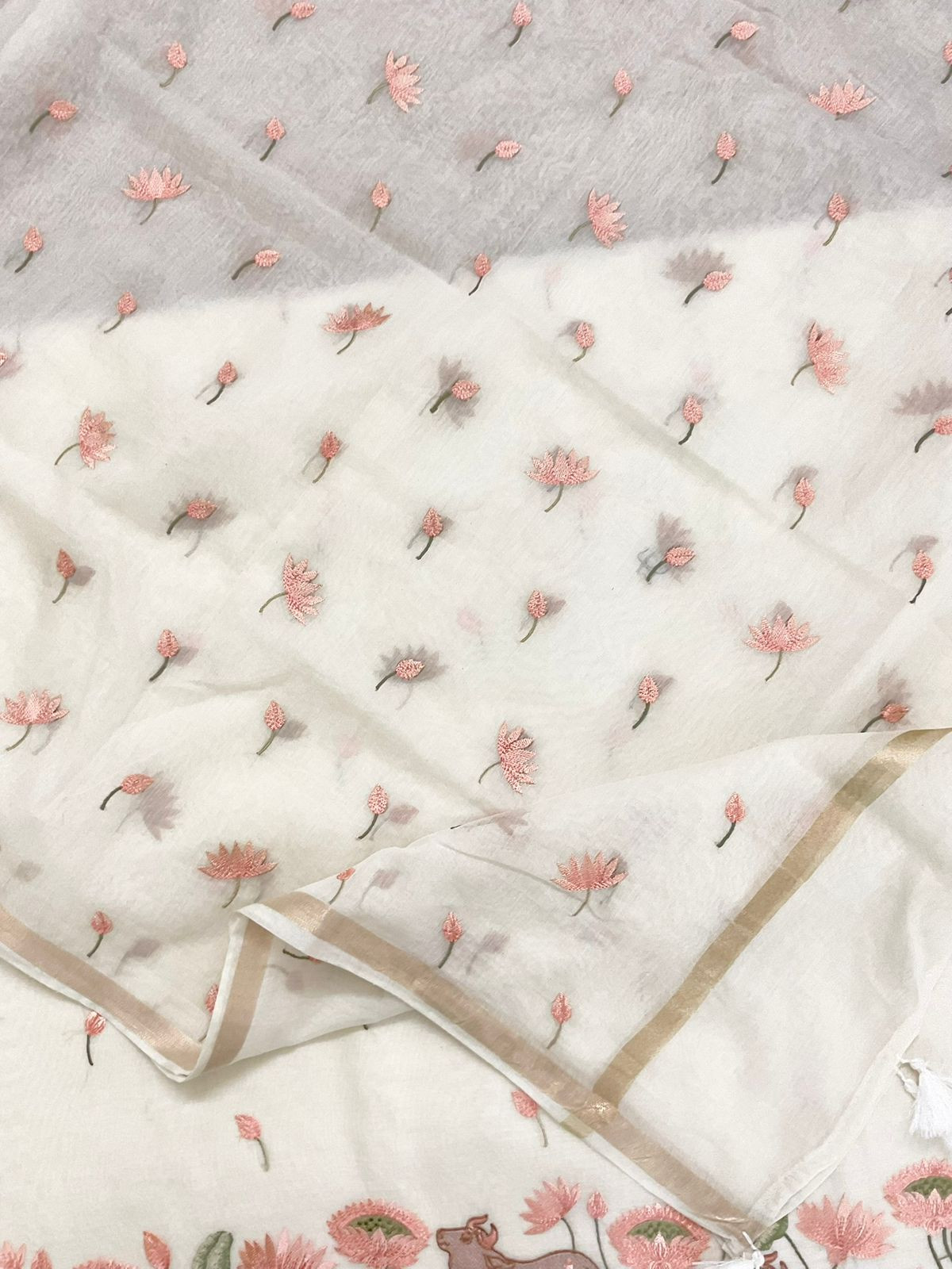 Pure Chanderi Embroidered Suit - Off White