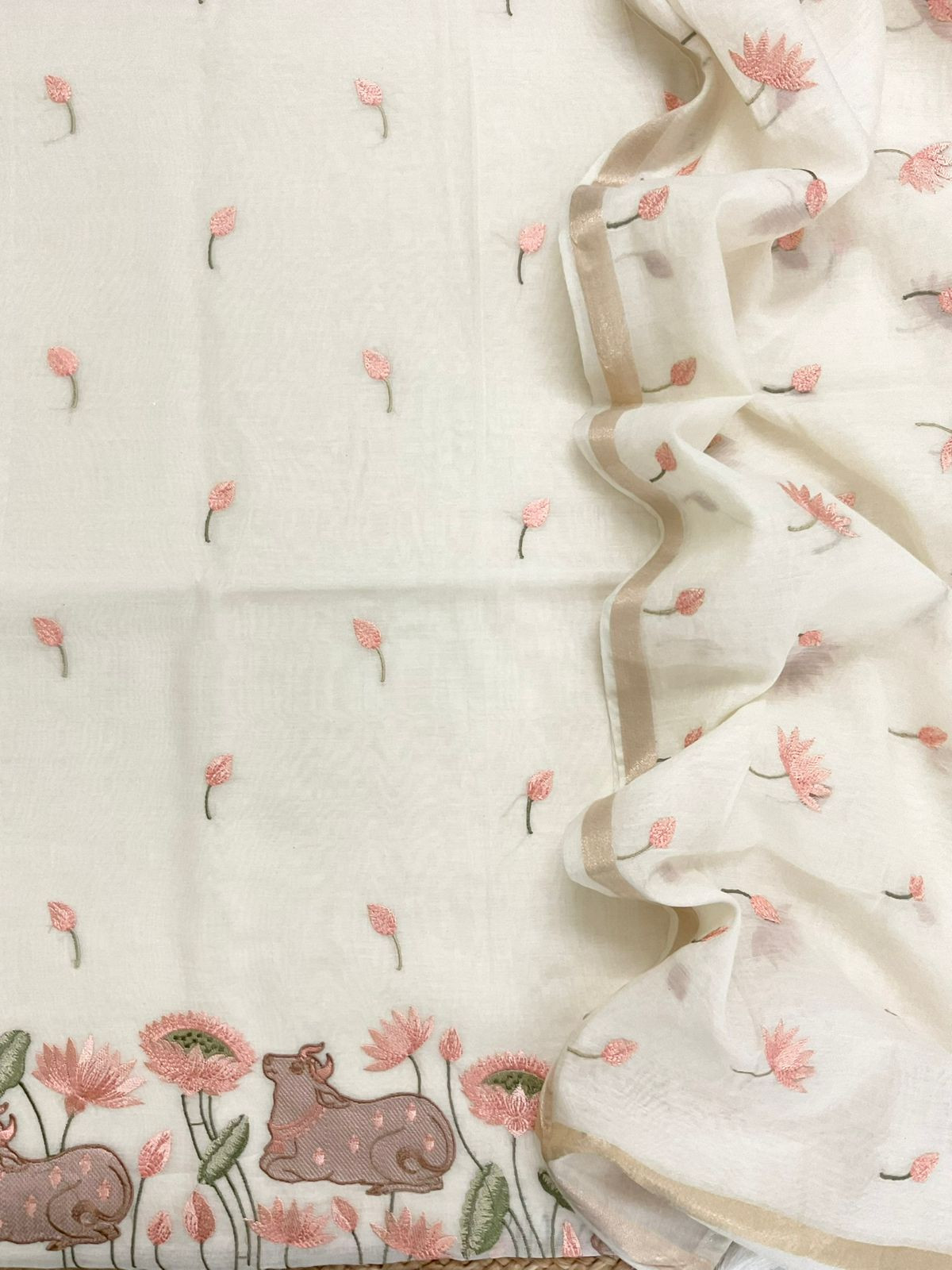 Pure Chanderi Embroidered Suit - Off White