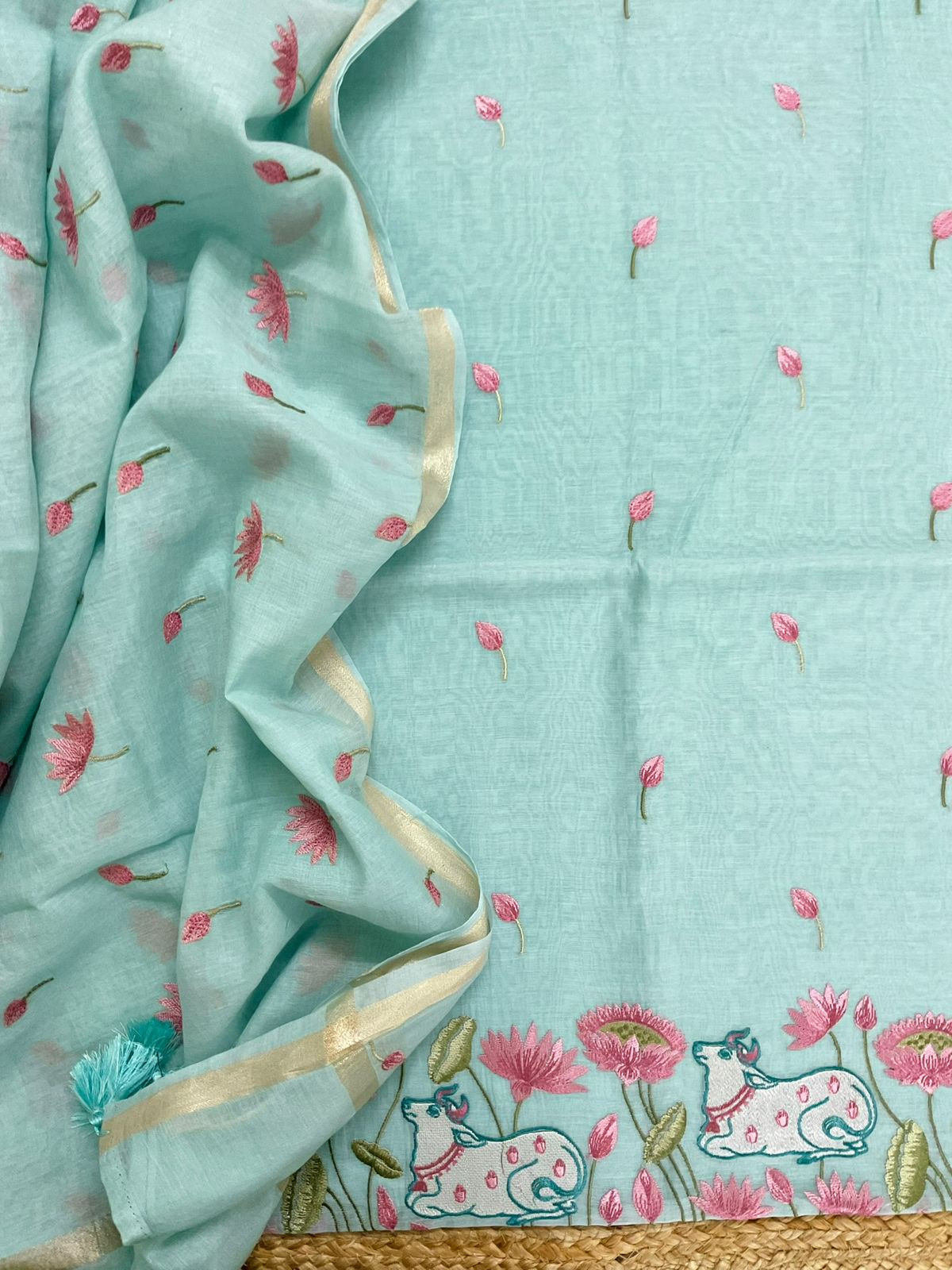 Pure Chanderi Embroidered Suit - Blue