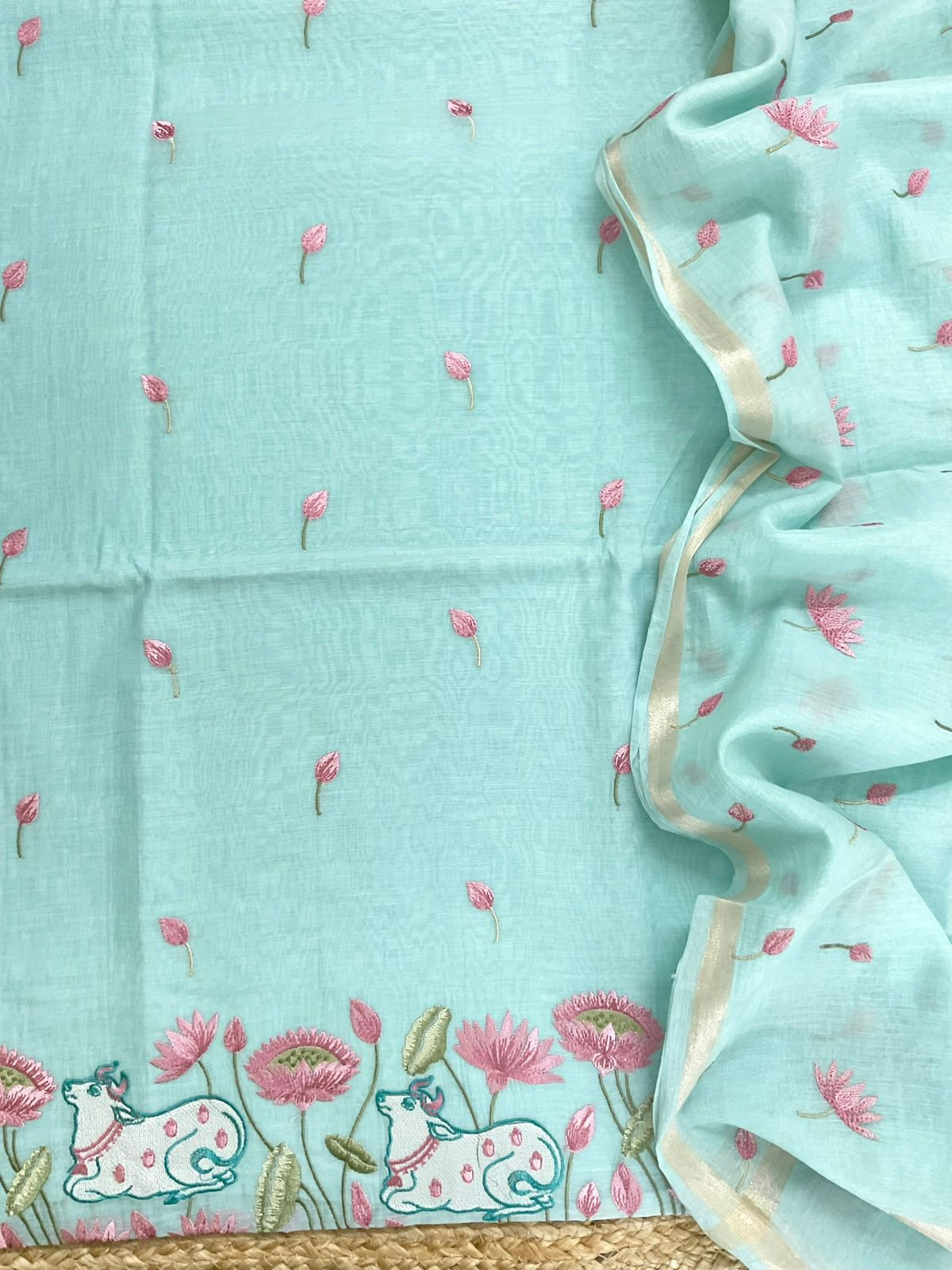 Pure Chanderi Embroidered Suit - Blue