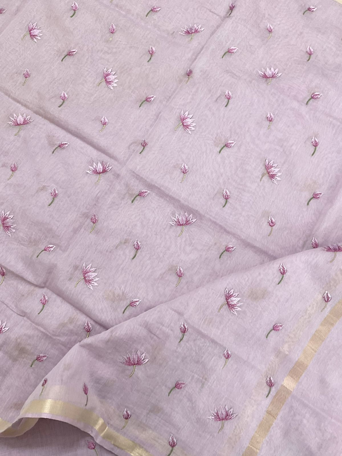Pure Chanderi Embroidered Suit - Lavender