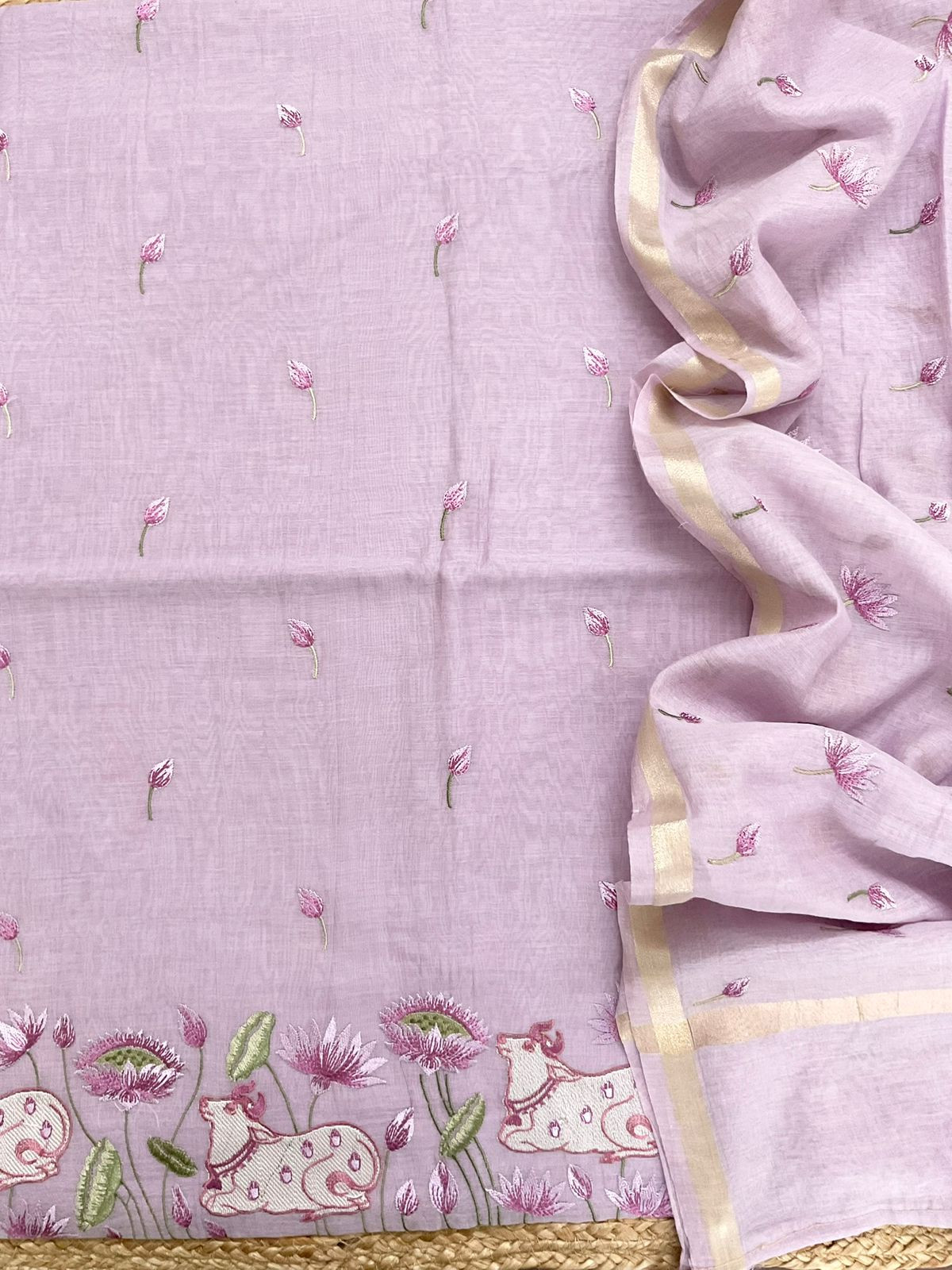 Pure Chanderi Embroidered Suit - Lavender