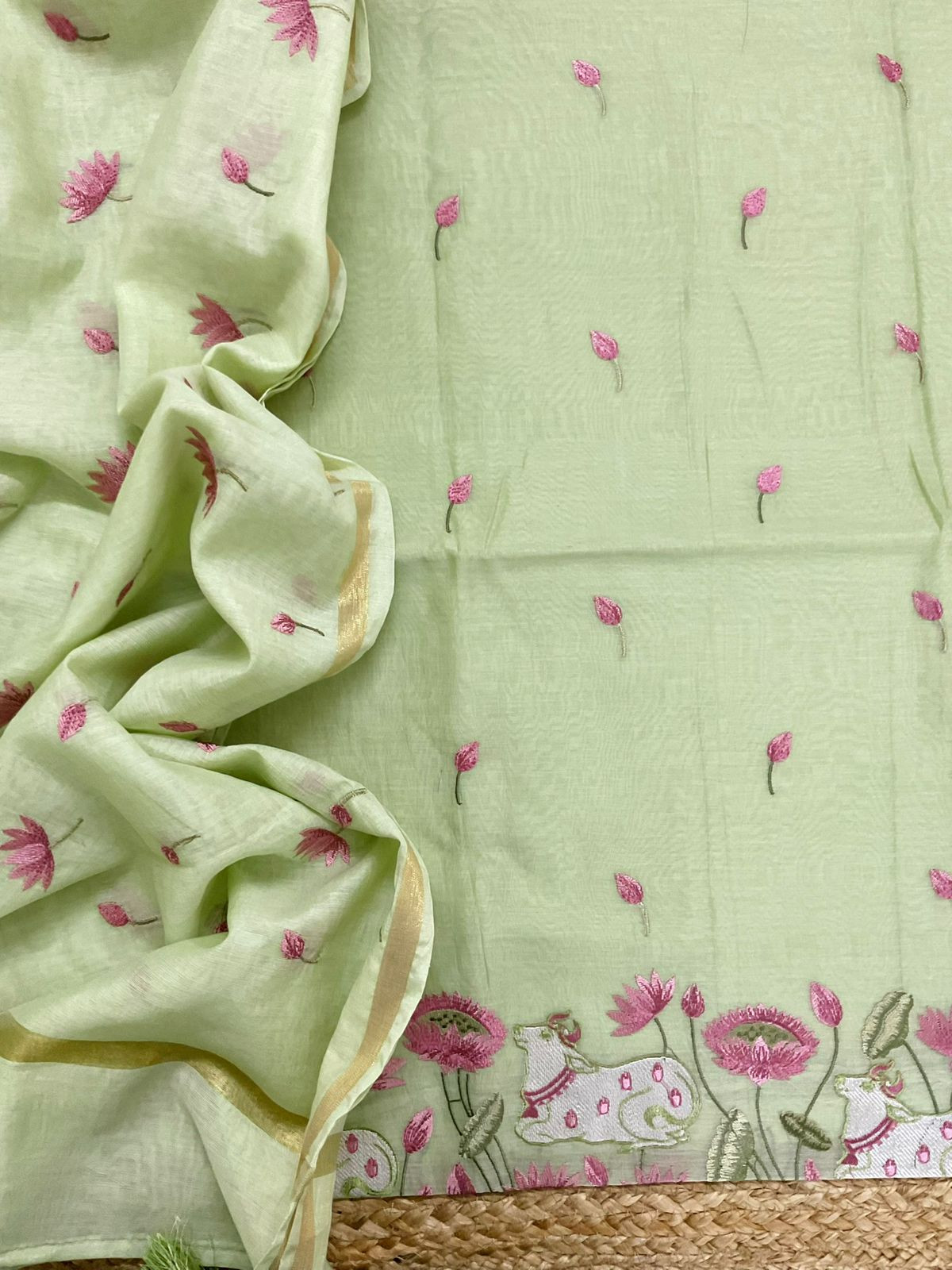 Pure Chanderi Embroidered Suit - Green