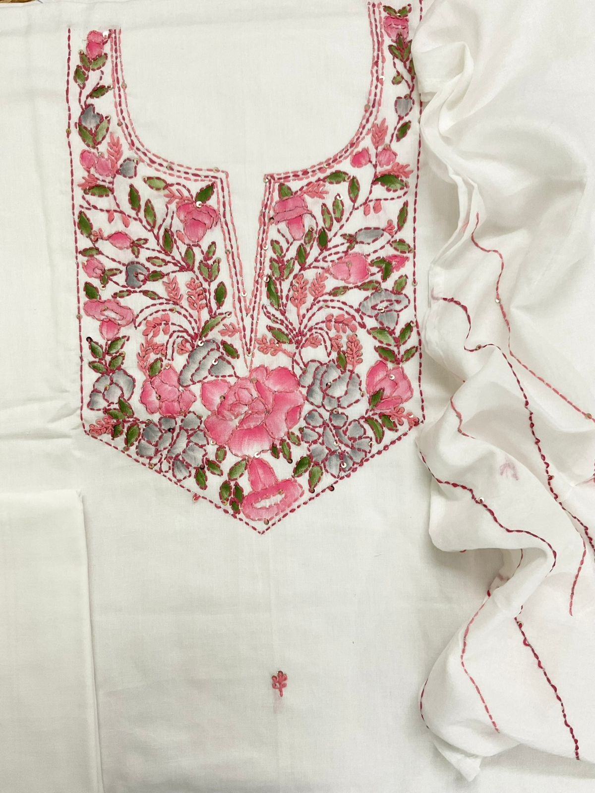 Pure Cotton Brush Painted Embroidered Suit - Off White