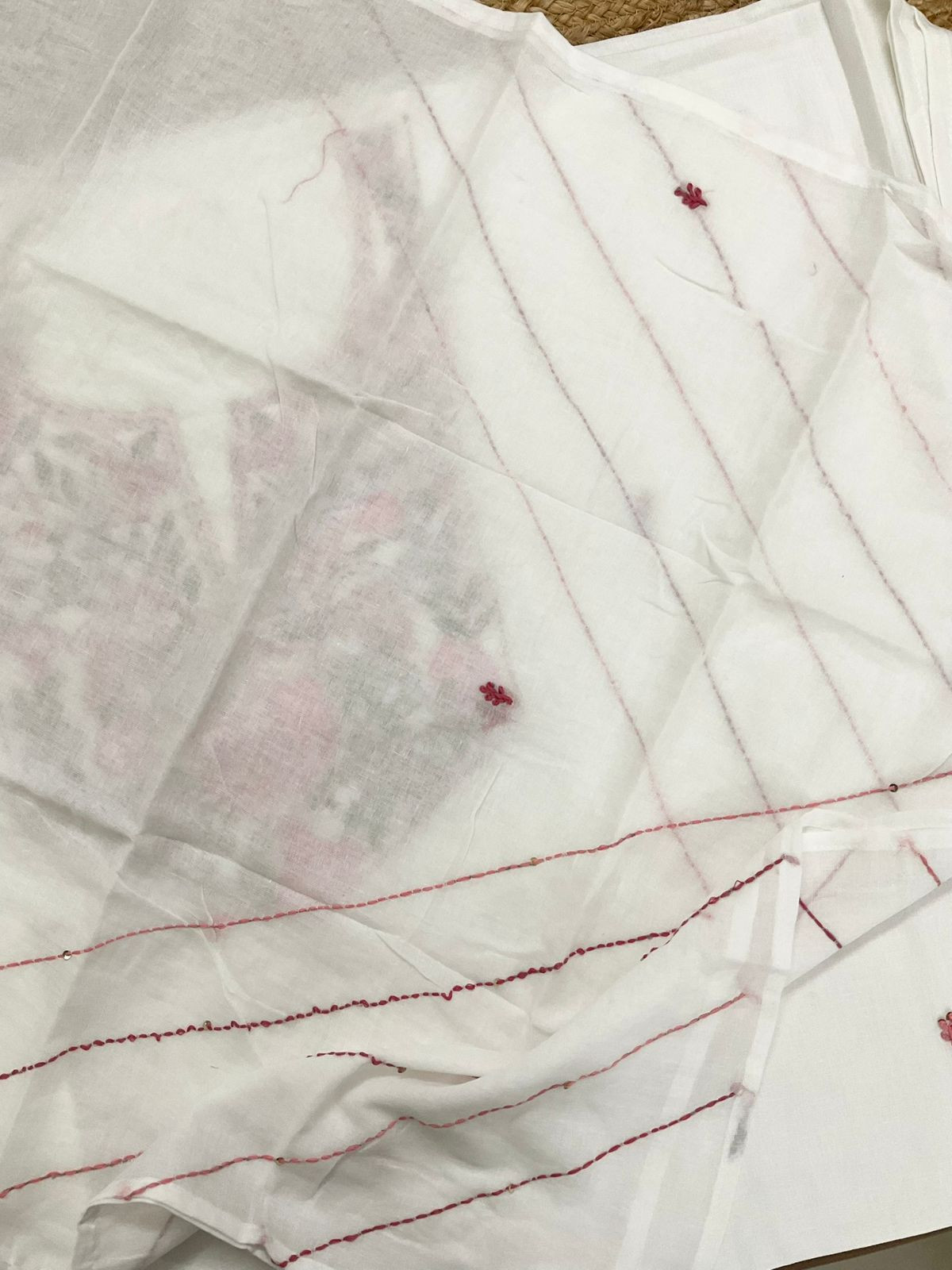 Pure Cotton Brush Painted Embroidered Suit - Off White