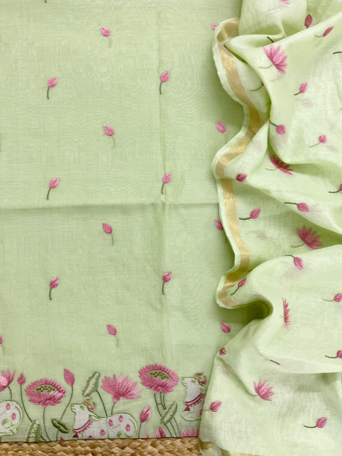 Pure Chanderi Embroidered Suit - Green