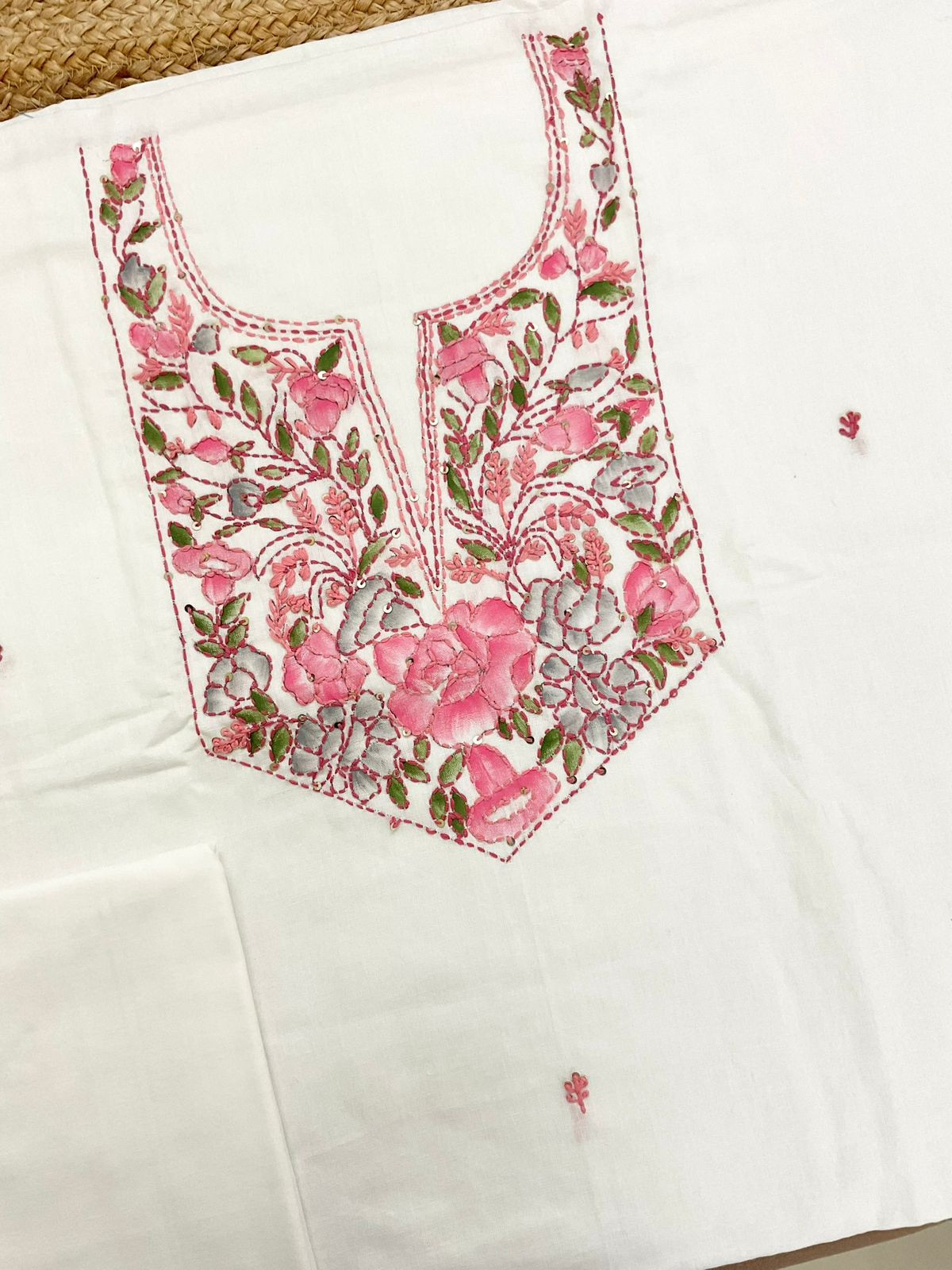 Pure Cotton Brush Painted Embroidered Suit - Off White