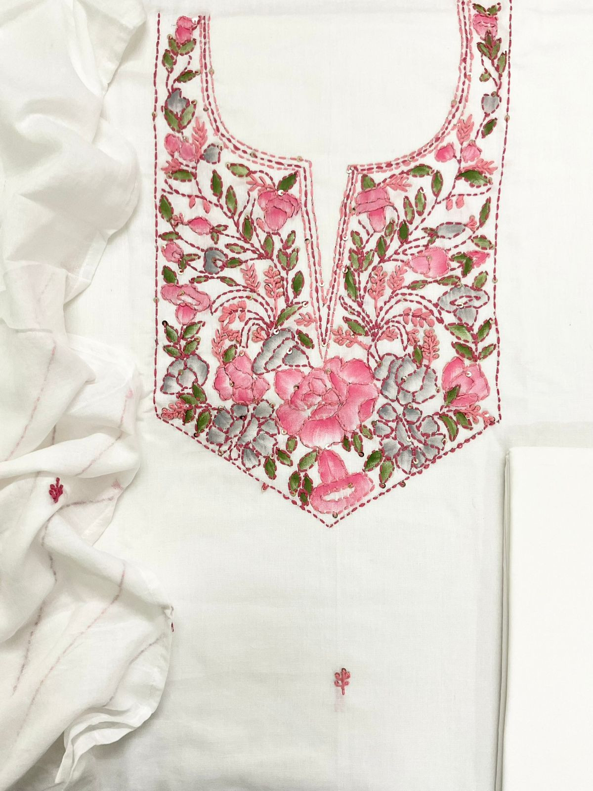 Pure Cotton Brush Painted Embroidered Suit - Off White