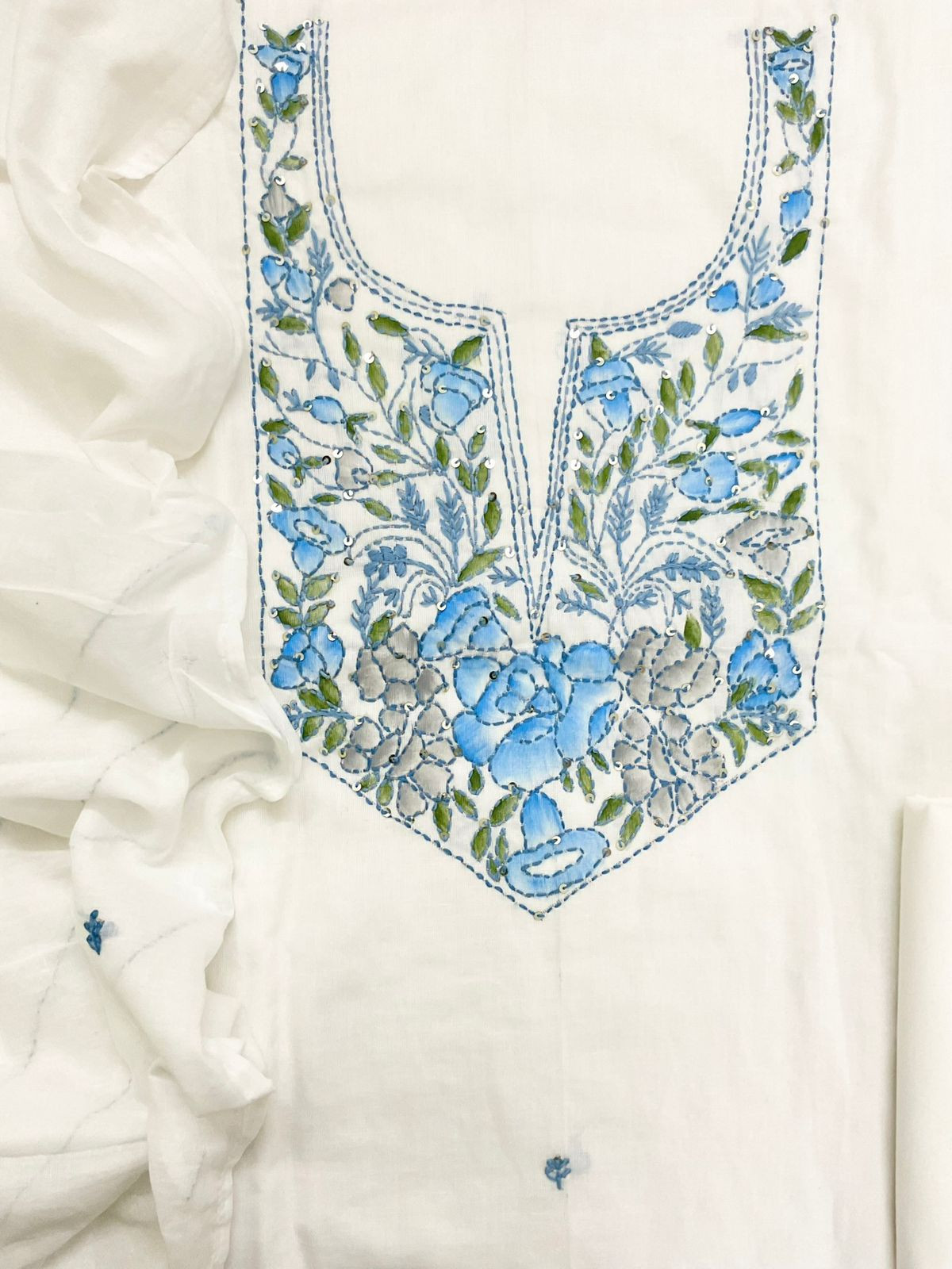 Pure Cotton Brush Painted Embroidered Suit - Off White