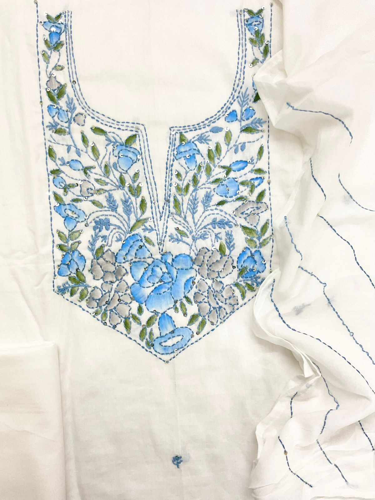 Pure Cotton Brush Painted Embroidered Suit - Off White
