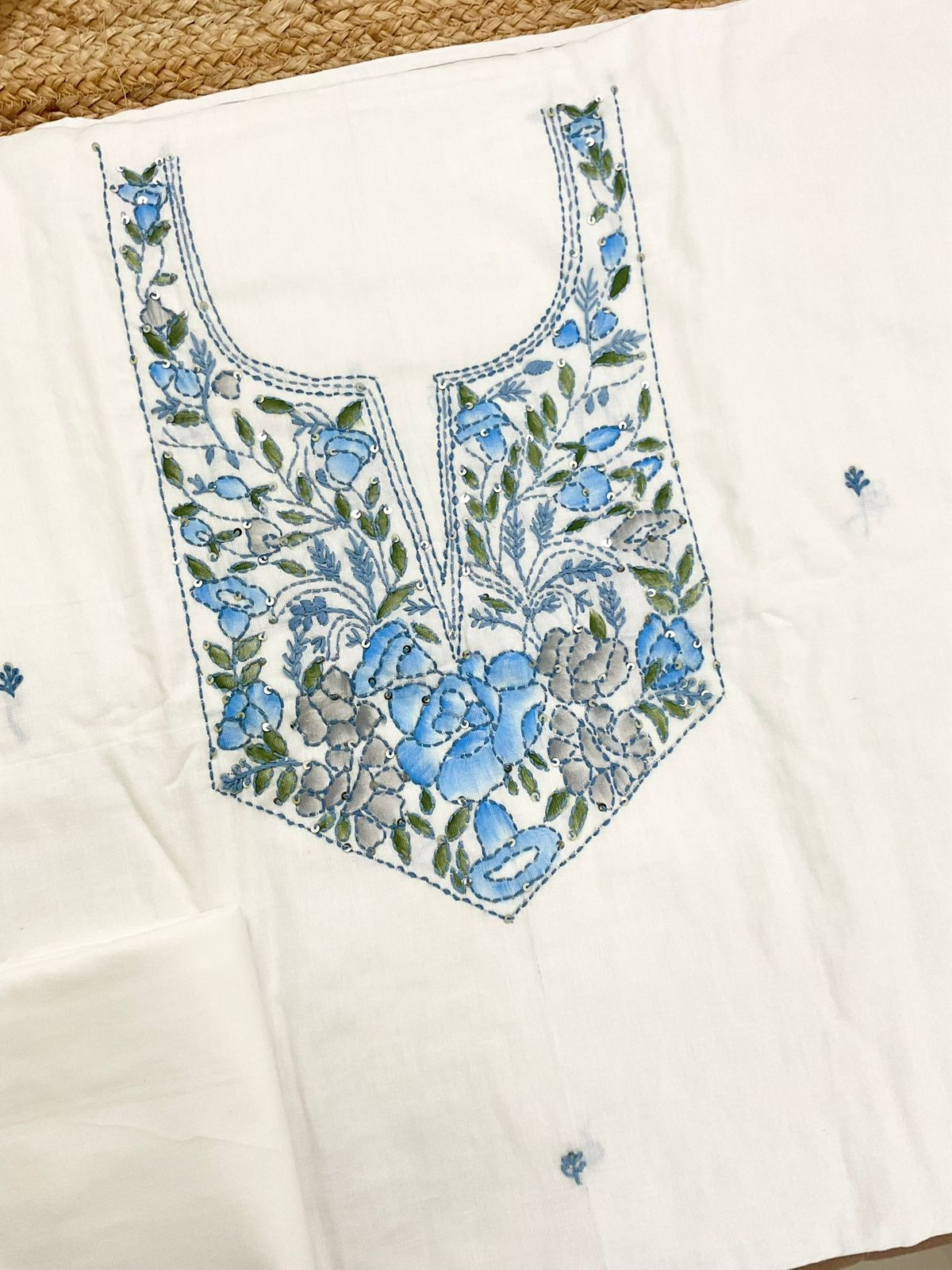 Pure Cotton Brush Painted Embroidered Suit - Off White