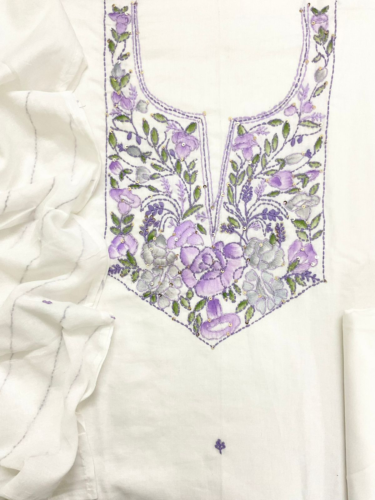 Pure Cotton Brush Painted Embroidered Suit - Off White