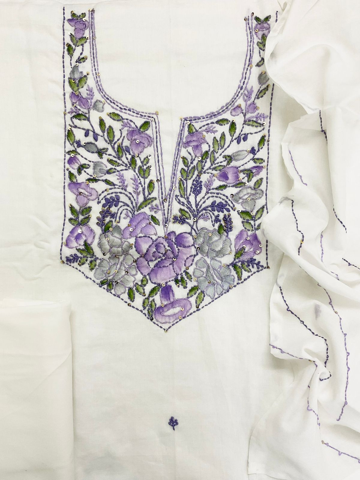 Pure Cotton Brush Painted Embroidered Suit - Off White