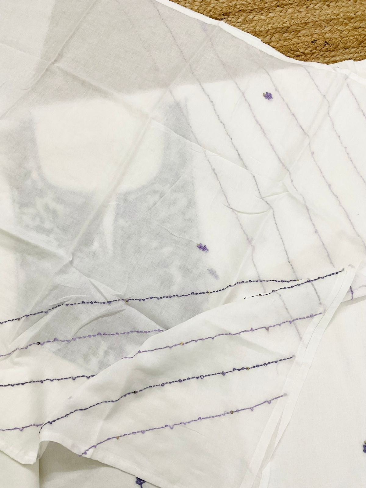 Pure Cotton Brush Painted Embroidered Suit - Off White