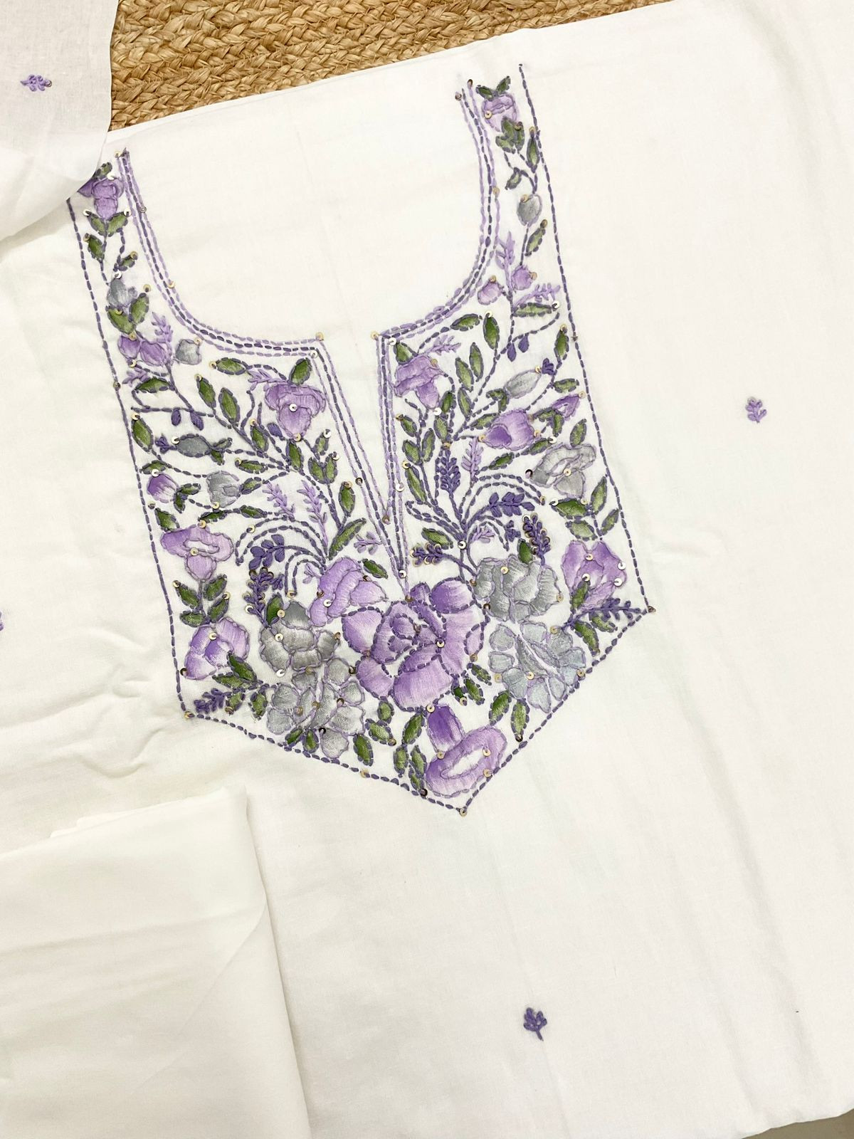 Pure Cotton Brush Painted Embroidered Suit - Off White