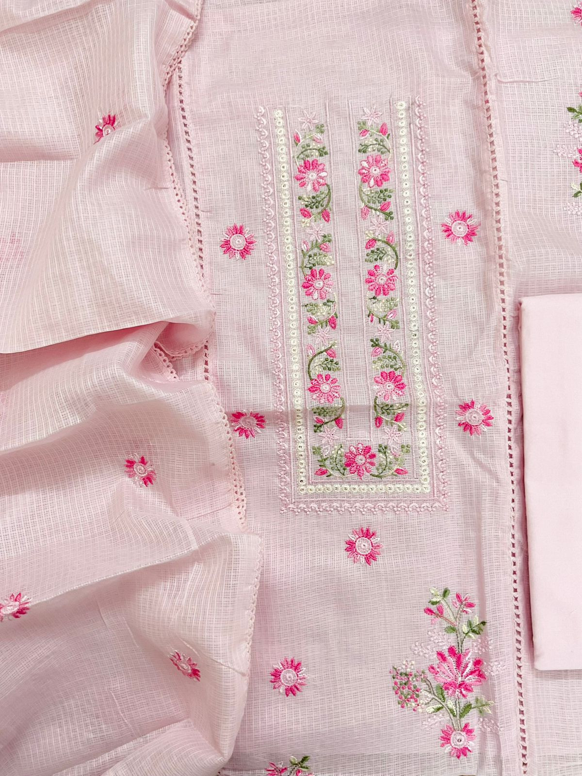 Soft Kota Silk Embroidered Suit - Pink