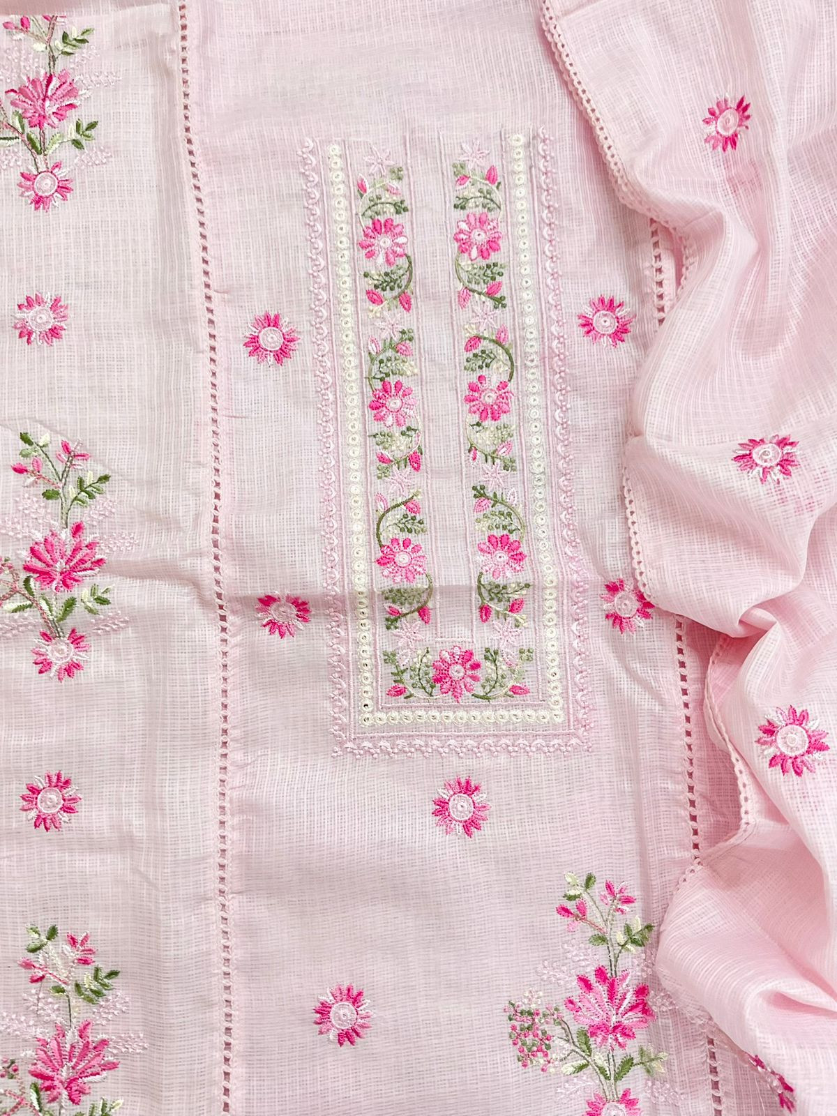 Soft Kota Silk Embroidered Suit - Pink