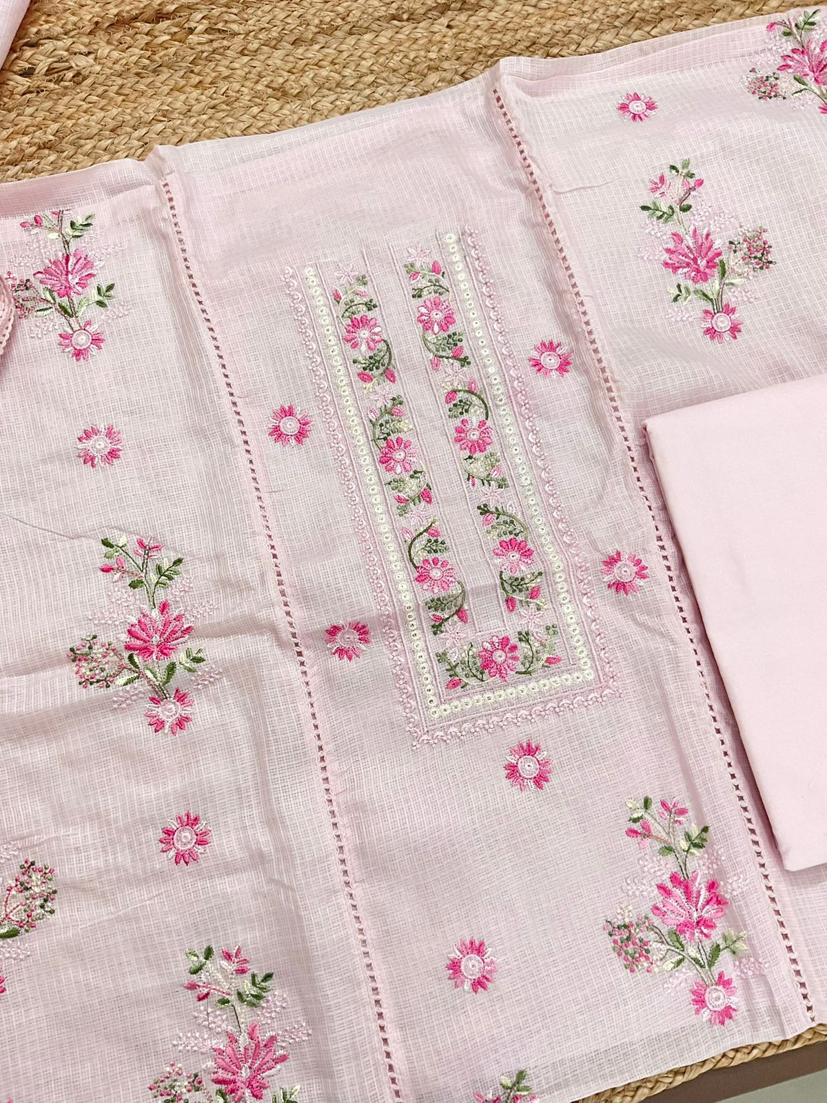 Soft Kota Silk Embroidered Suit - Pink