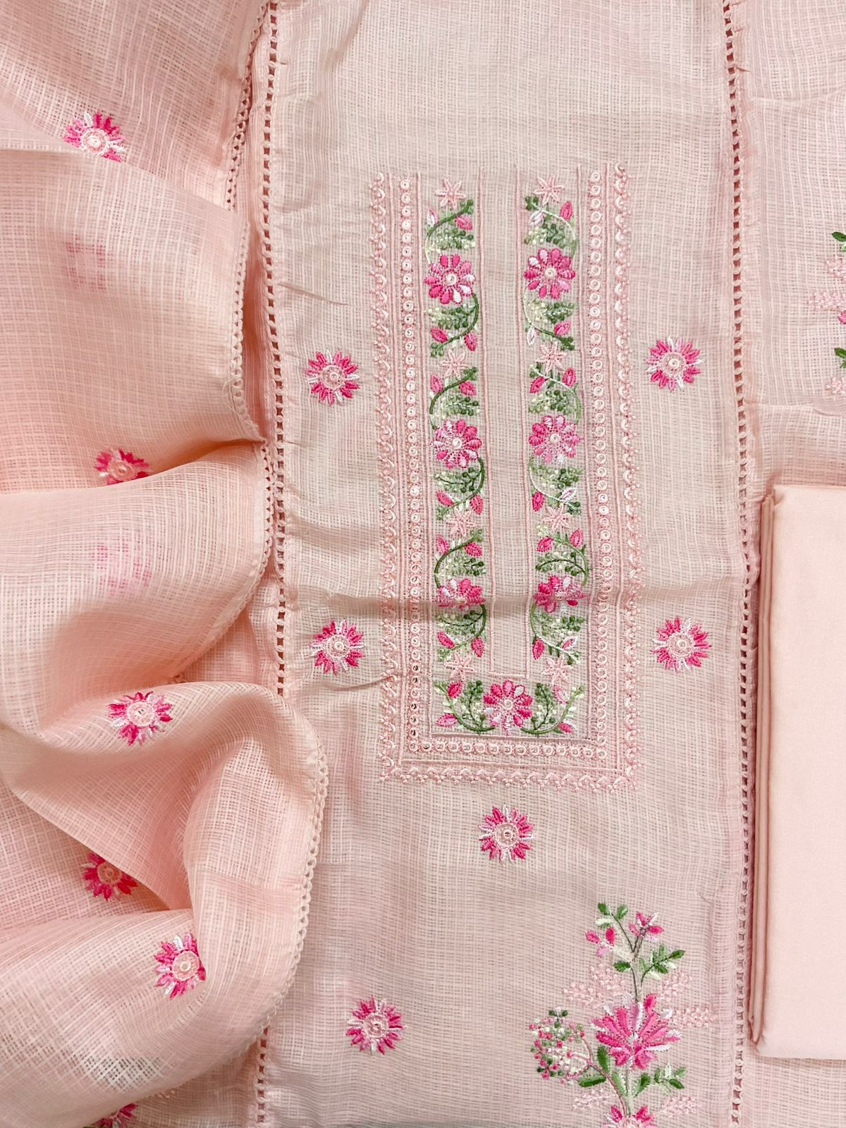 Soft Kota Silk Embroidered Suit - Peach