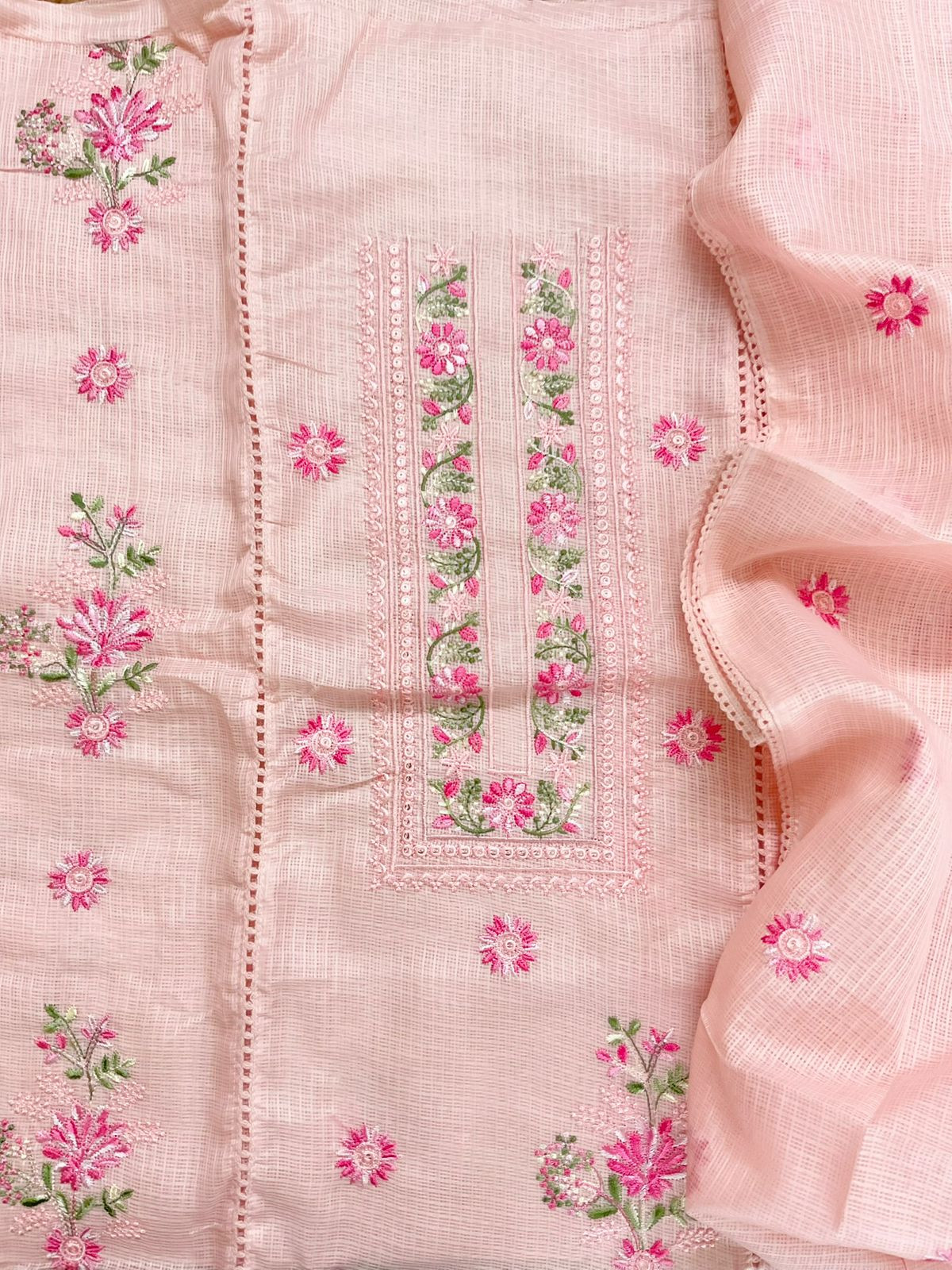 Soft Kota Silk Embroidered Suit - Peach