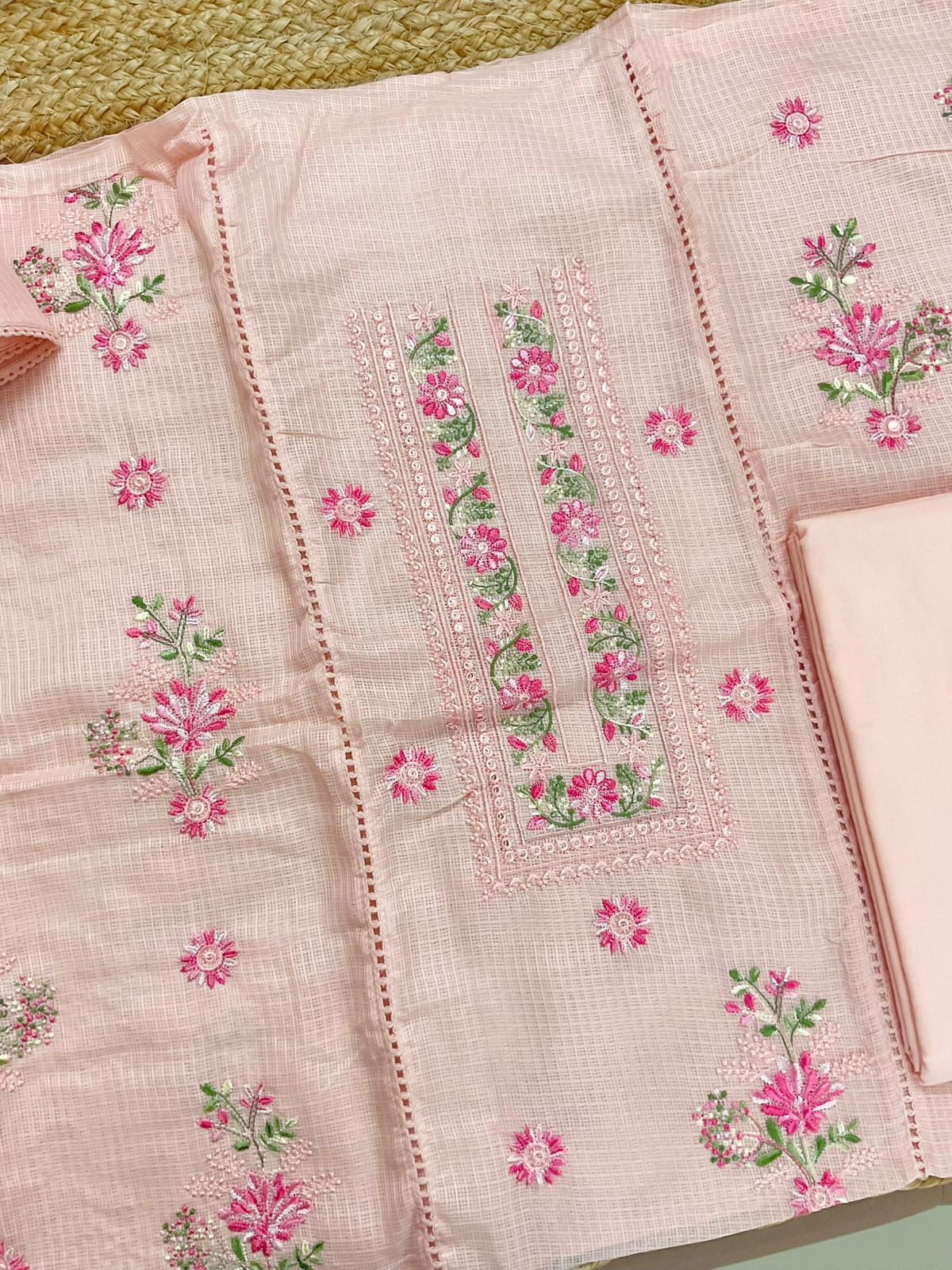 Soft Kota Silk Embroidered Suit - Peach