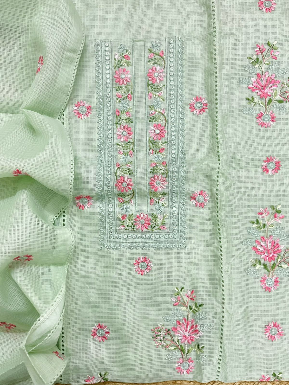 Soft Kota Silk Embroidered Suit - Green