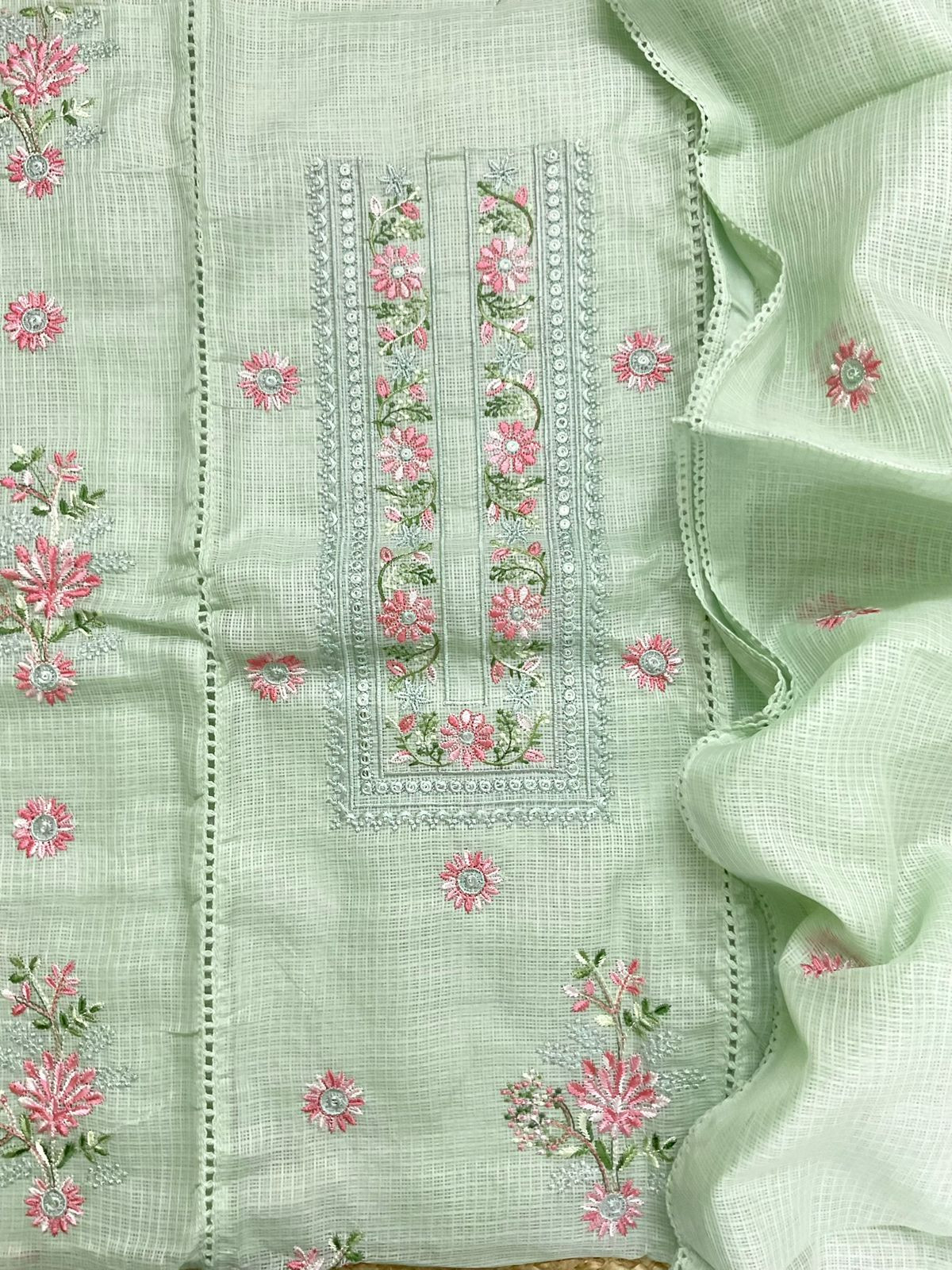 Soft Kota Silk Embroidered Suit - Green