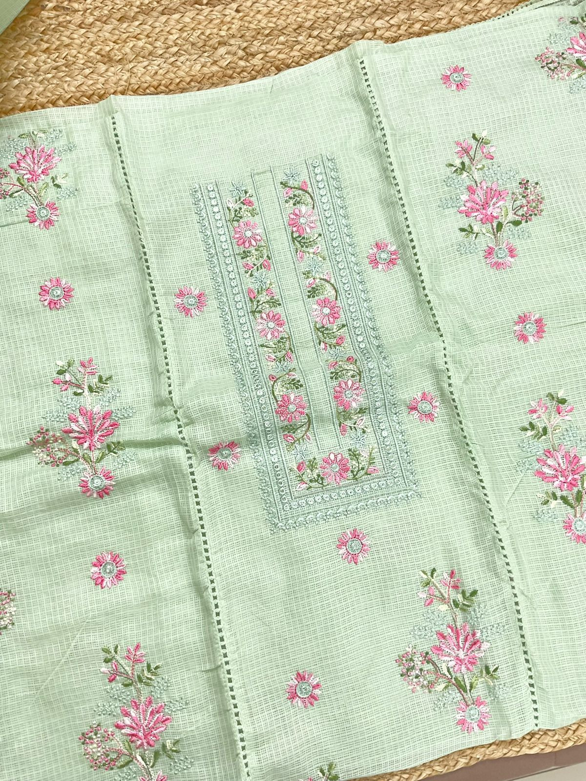 Soft Kota Silk Embroidered Suit - Green