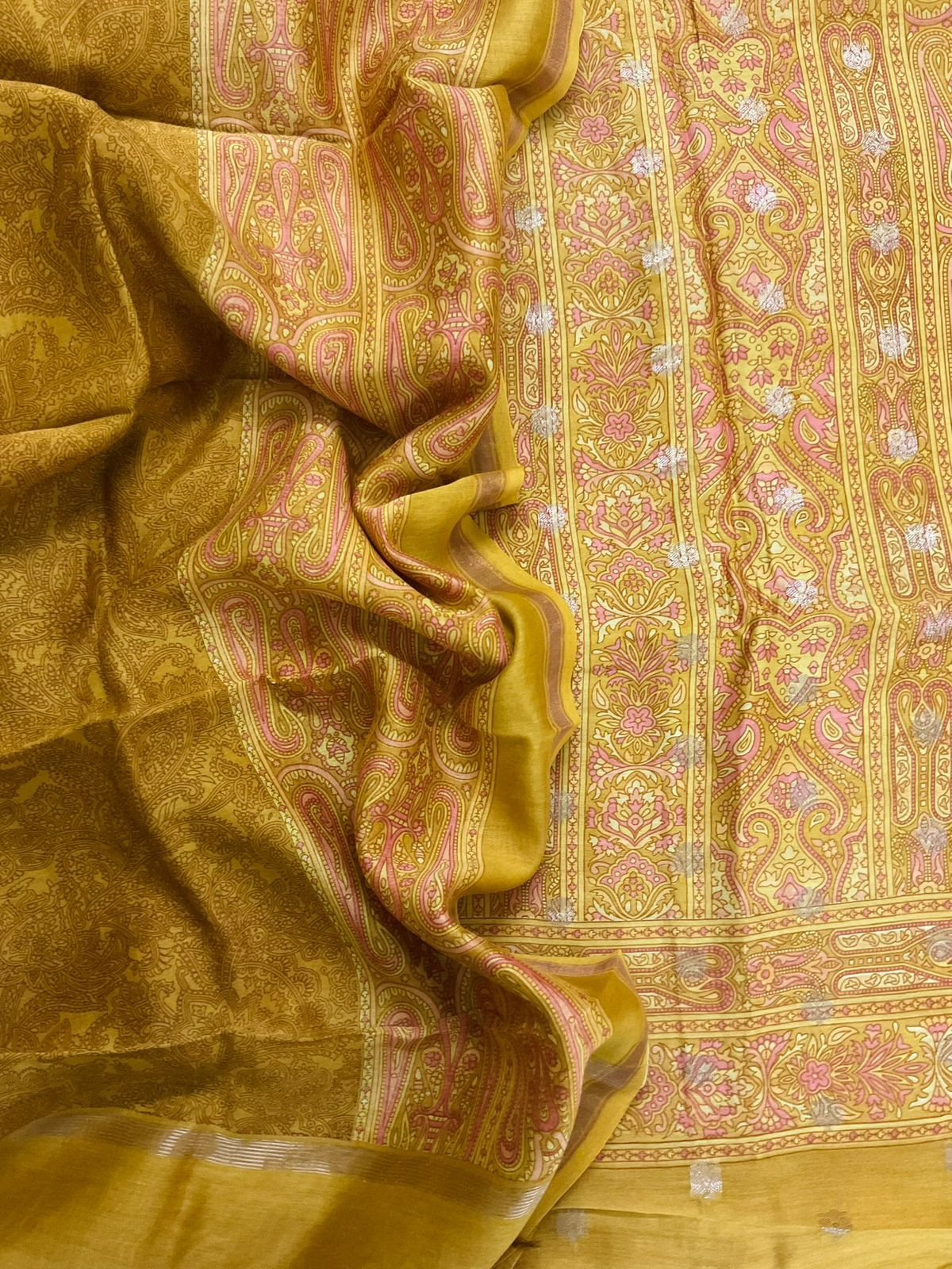 Pure Maheshwari Printed Banarasi Weaved Suit - Yellow
