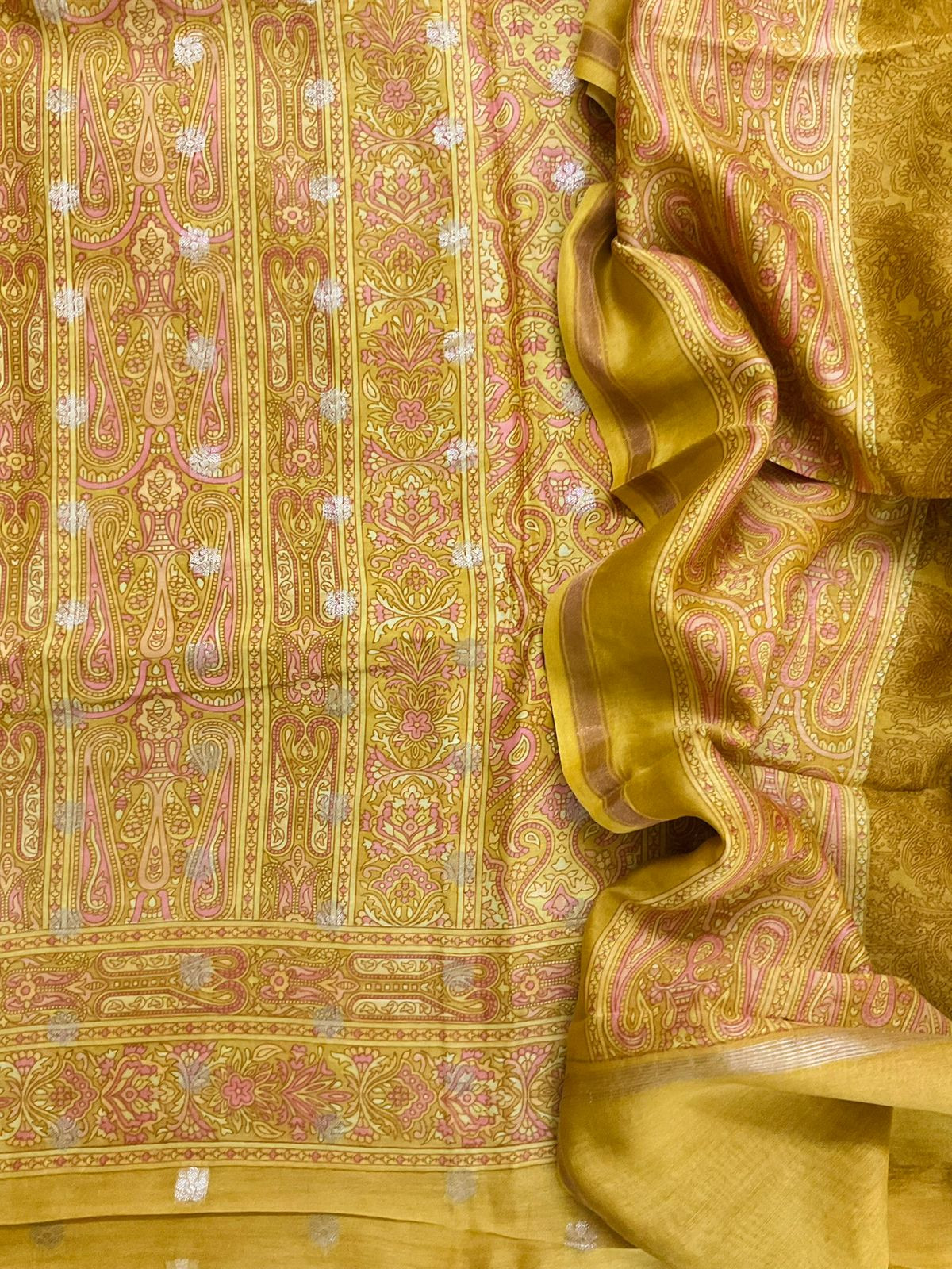 Pure Maheshwari Printed Banarasi Weaved Suit - Yellow