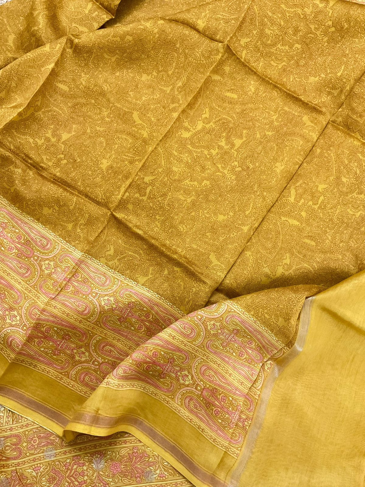 Pure Maheshwari Printed Banarasi Weaved Suit - Yellow