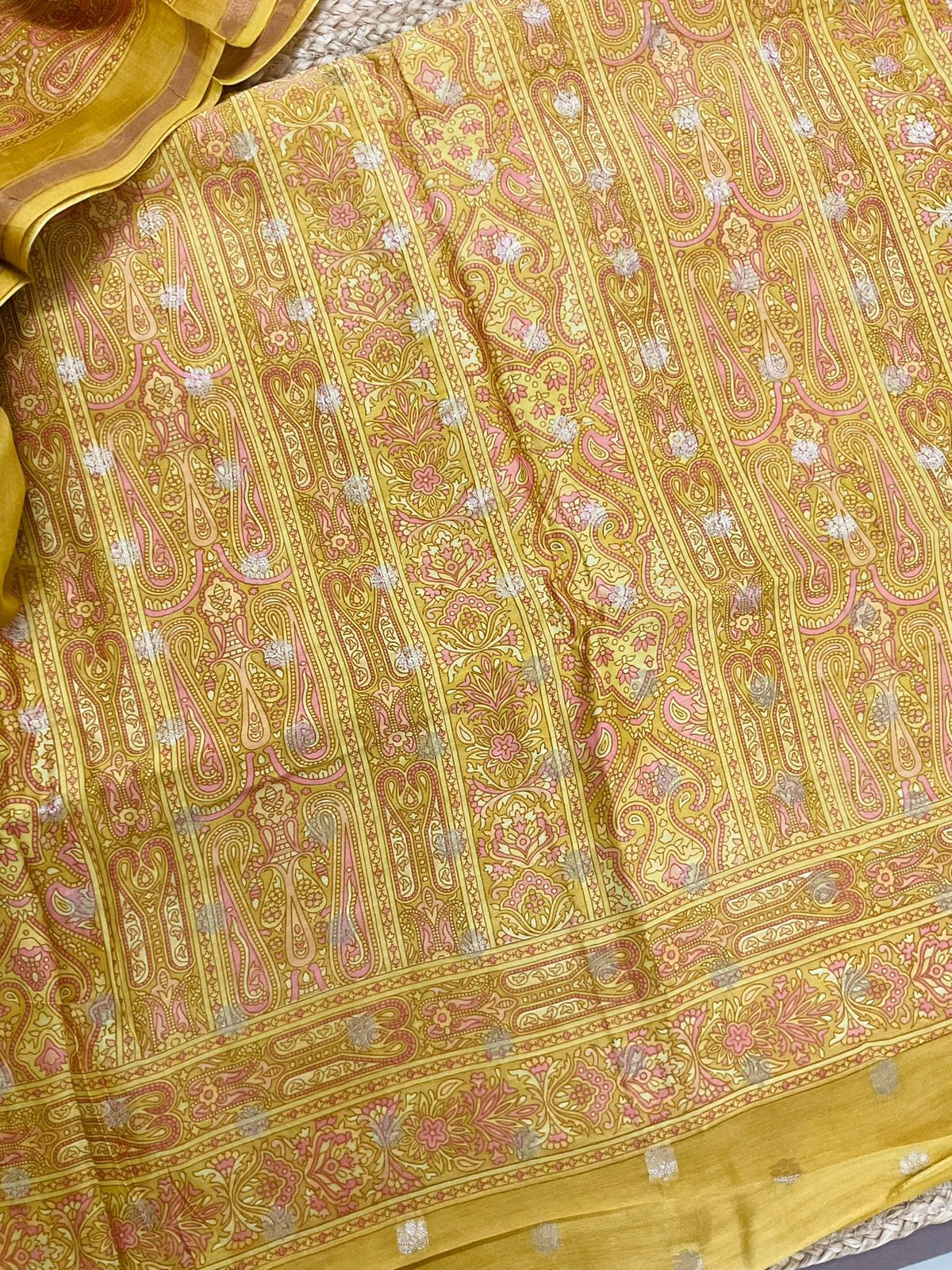 Pure Maheshwari Printed Banarasi Weaved Suit - Yellow