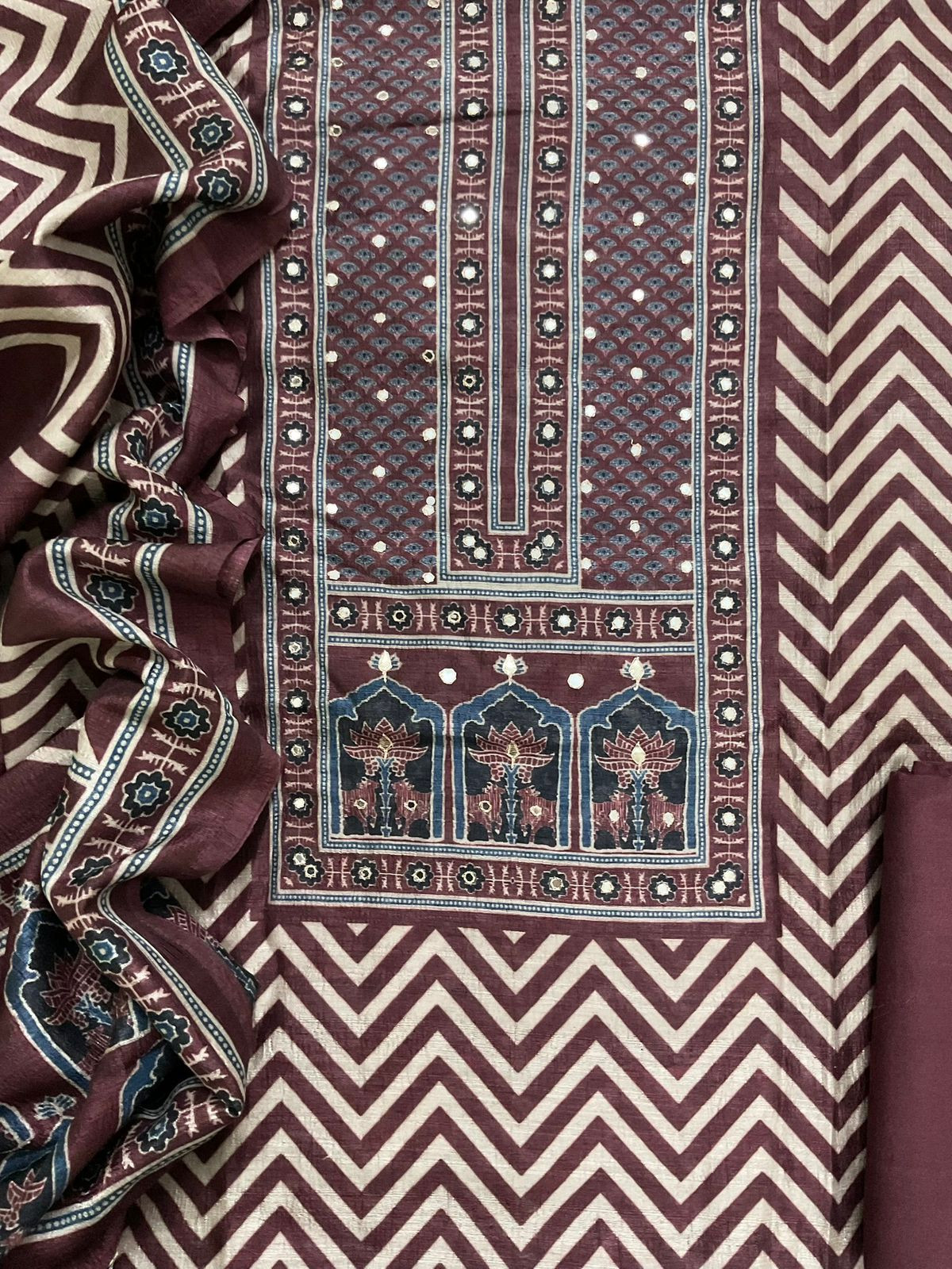 Soft Semi Raw Silk Printed Embroidered Suit - Maroon