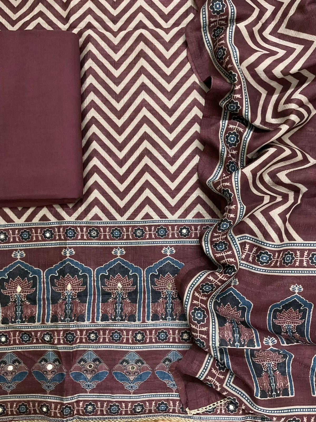 Soft Semi Raw Silk Printed Embroidered Suit - Maroon