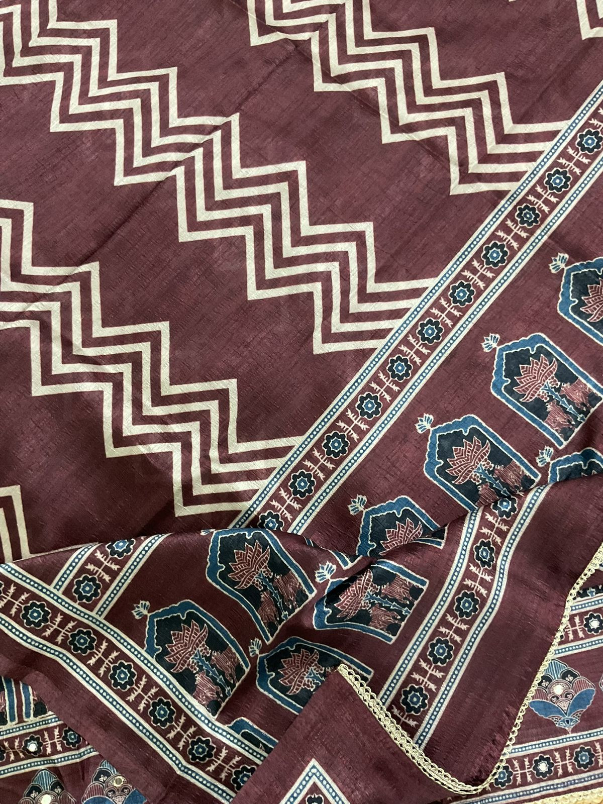 Soft Semi Raw Silk Printed Embroidered Suit - Maroon