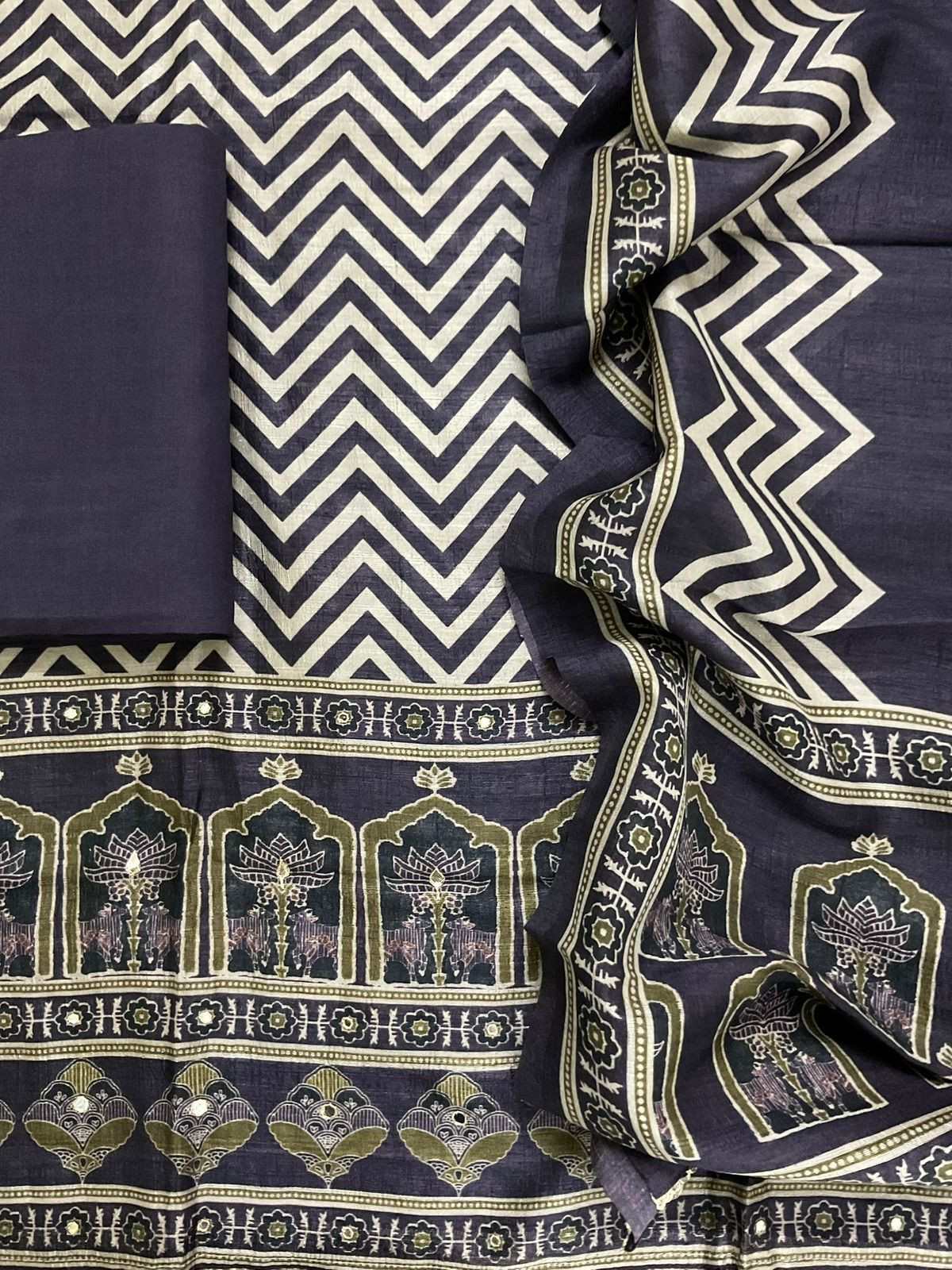 Soft Semi Raw Silk Printed Embroidered Suit - Purple