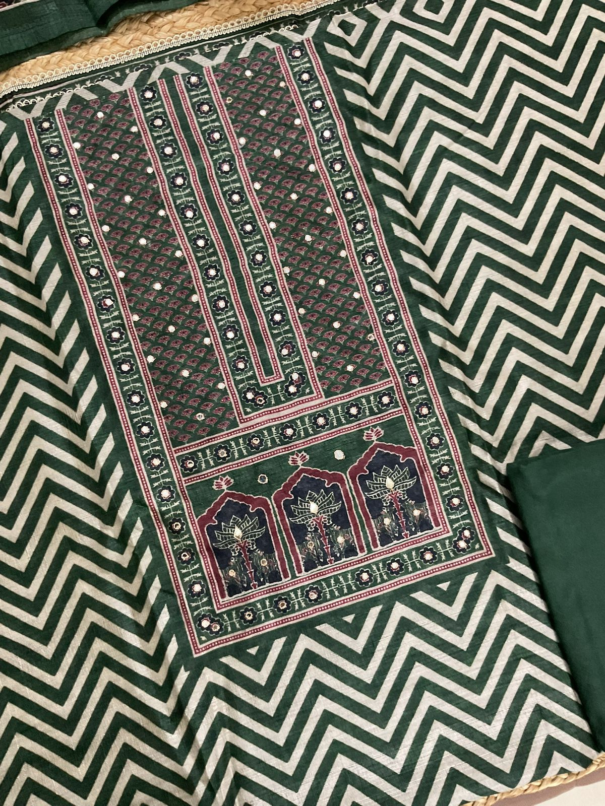 Soft Semi Raw Silk Printed Embroidered Suit - Green