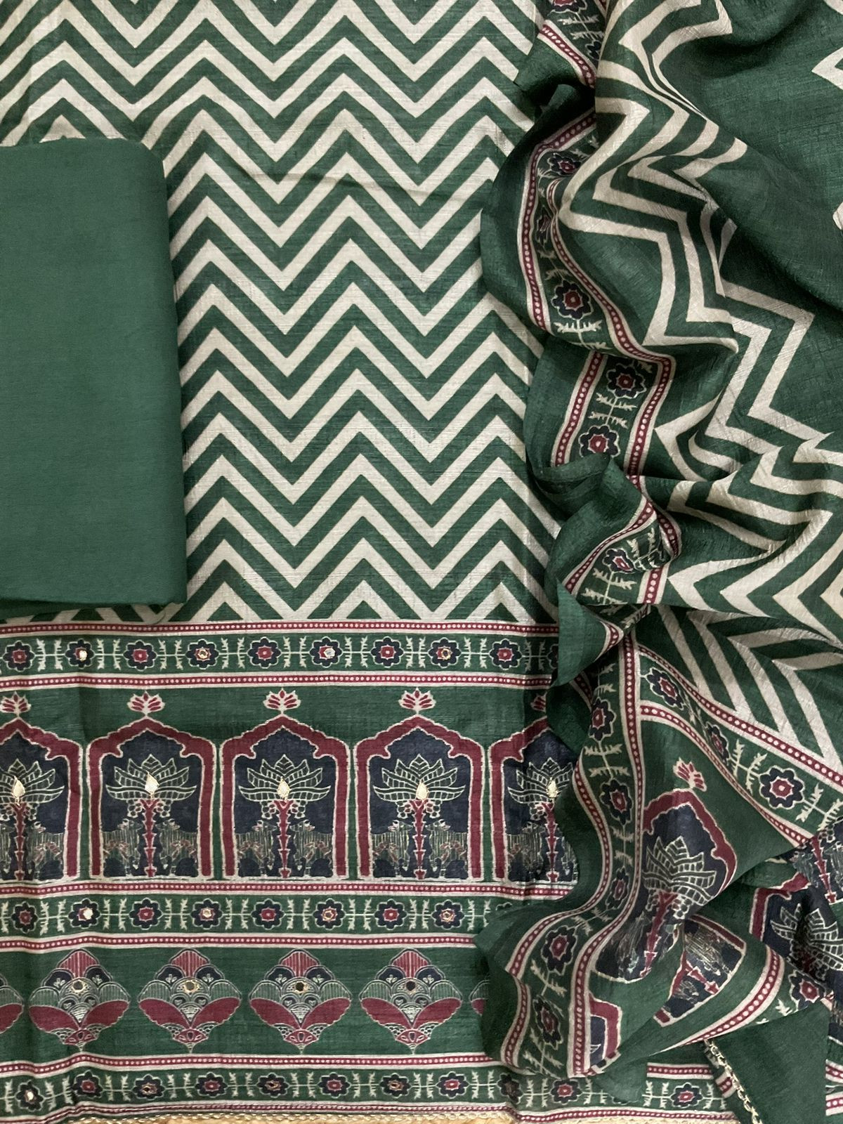 Soft Semi Raw Silk Printed Embroidered Suit - Green