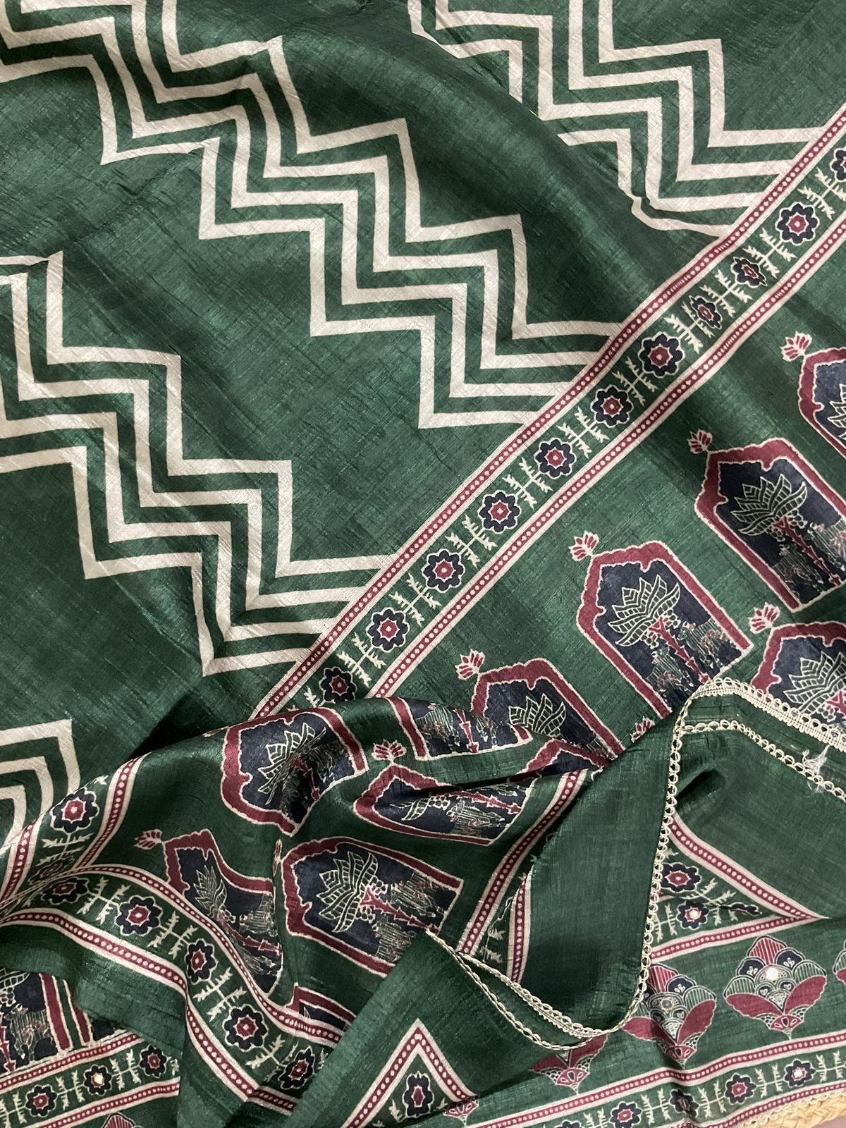 Soft Semi Raw Silk Printed Embroidered Suit - Green