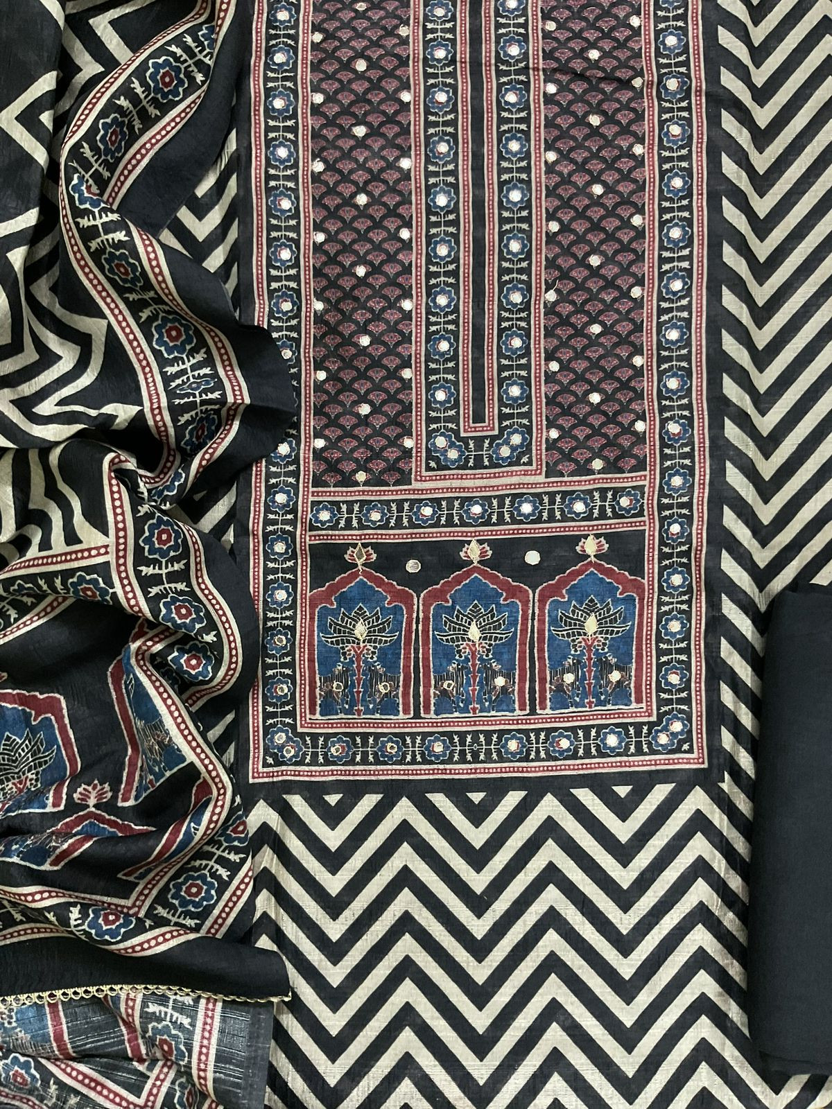 Soft Semi Raw Silk Printed Embroidered Suit - Black