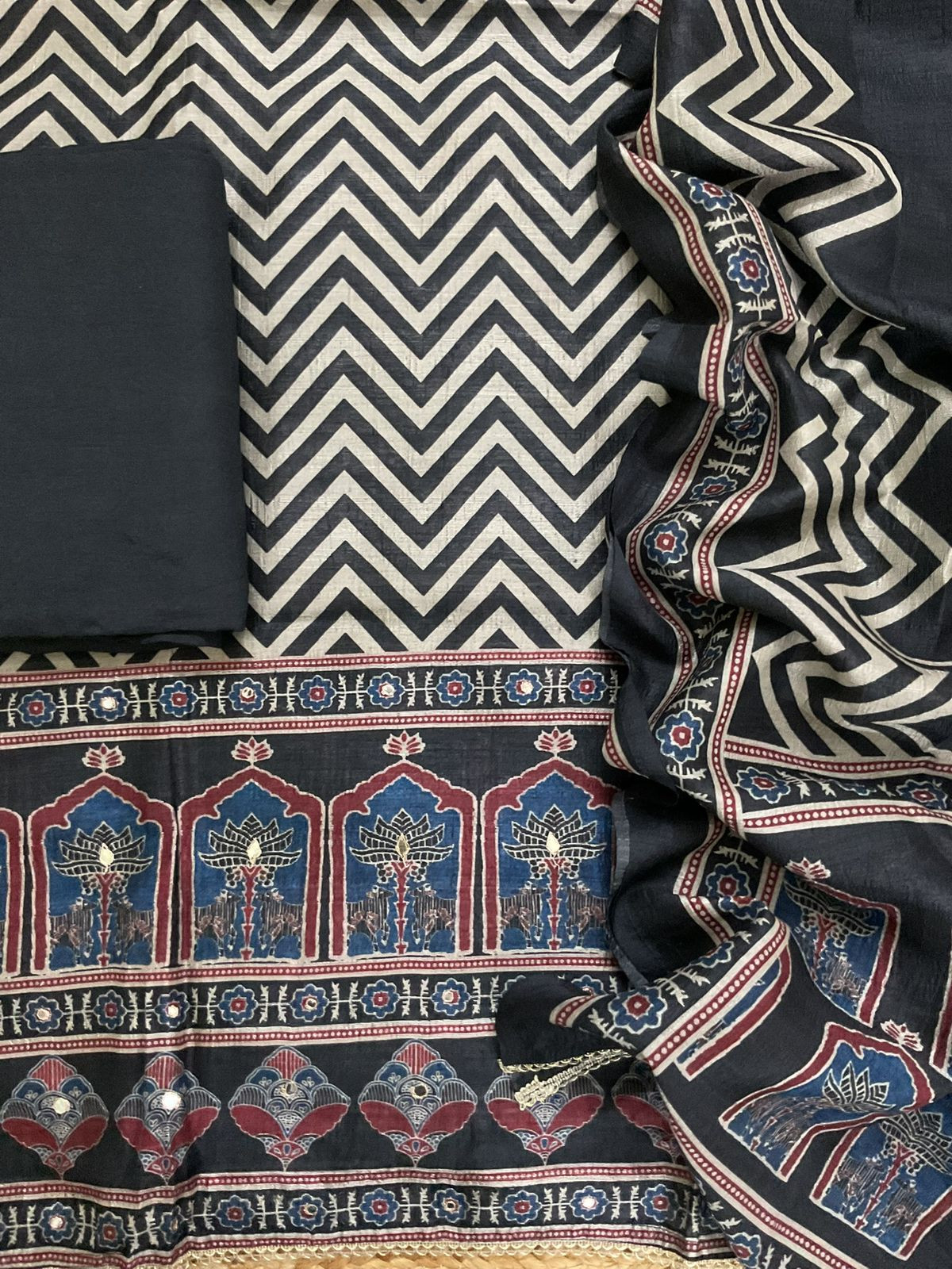 Soft Semi Raw Silk Printed Embroidered Suit - Black