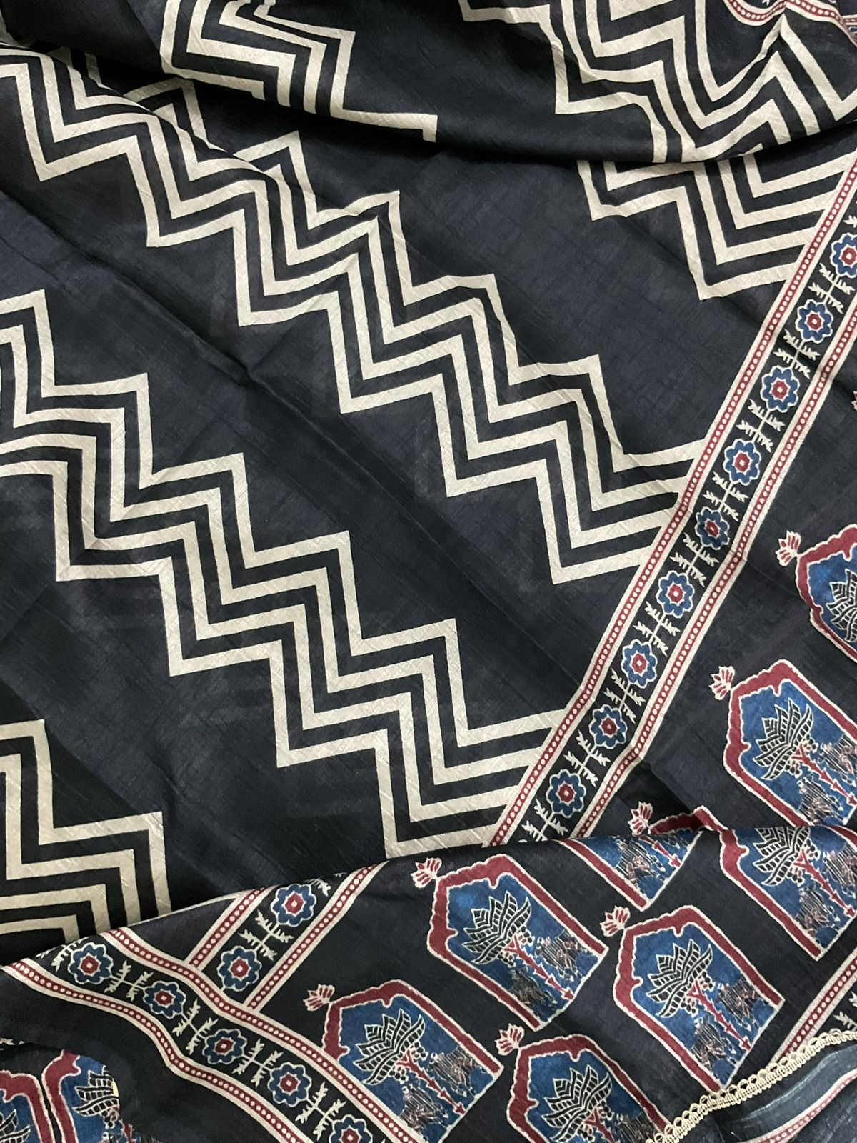 Soft Semi Raw Silk Printed Embroidered Suit - Black